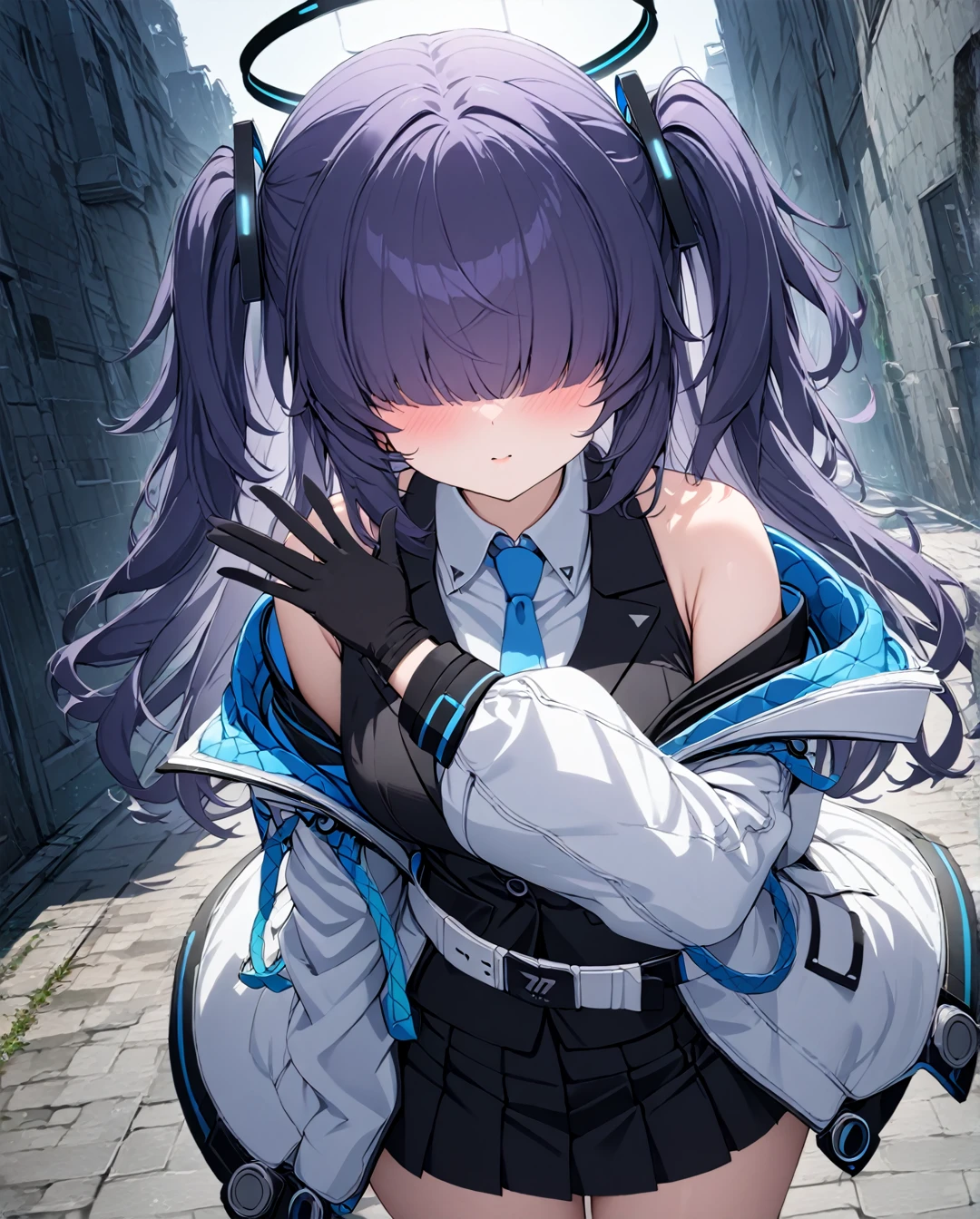 1girl,(mekakure,hair over eyes),bluearchiveYuuka,Yuuka,halo,Purple Hair,Both sides up,Long Hair,break belt,black gloves,black jacket,black skirt,blue tie,gloves,halo,jacket,tie,Off the shoulder,skirt,Double-sided fabric,two-sided jacket,White Belt,(white jacket:1.5),break looking at viewer,break outdoors,break(masterpiece:1.2),Best Quality,High resolution,unity 8k wallpaper,Beautiful fine details:1.6,Highly detailed face,Perfect lighting,(Perfect hands, Perfect Anatomy),