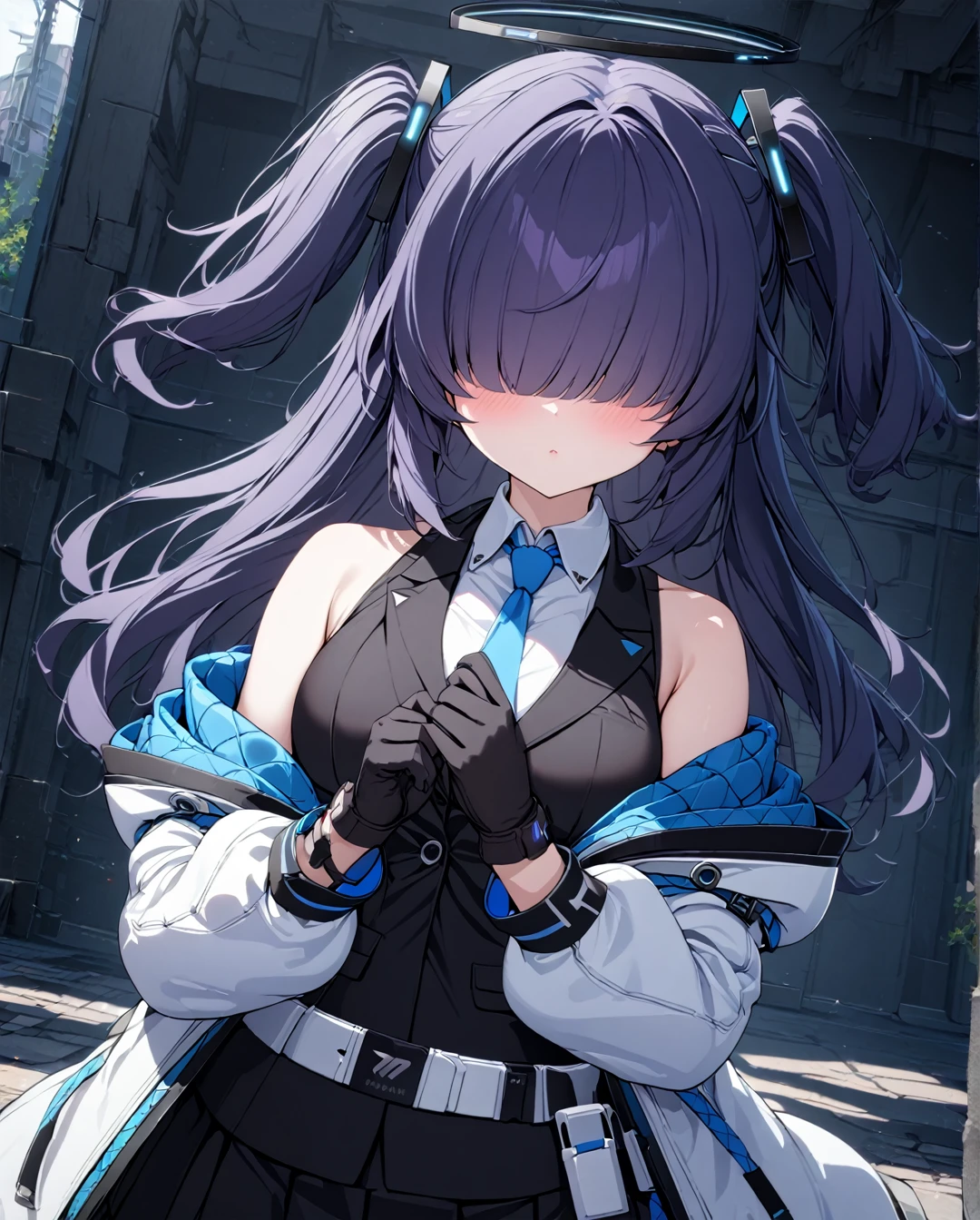 1girl,(mekakure,hair over eyes),bluearchiveYuuka,Yuuka,halo,Purple Hair,Both sides up,Long Hair,break belt,black gloves,black jacket,black skirt,blue tie,gloves,halo,jacket,tie,Off the shoulder,skirt,Double-sided fabric,two-sided jacket,White Belt,(white jacket:1.5),break looking at viewer,break outdoors,break(masterpiece:1.2),Best Quality,High resolution,unity 8k wallpaper,Beautiful fine details:1.6,Highly detailed face,Perfect lighting,(Perfect hands, Perfect Anatomy),