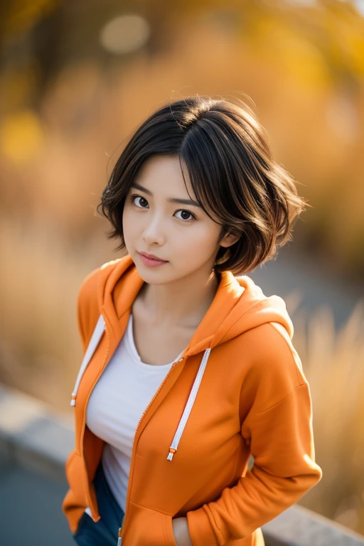 (8k, RAW photo, photorealistic, HQ, masterpiece), (from above:1.4), a cute Japanese woman, (glowing eyes), 
(sulking:1.4), looking up, fluffy very short bob hair, large Breasts, (orange zip up hoodie), hair swaying in the wind, Autumn city Scenery, Depth of field rally background, backlighting, 