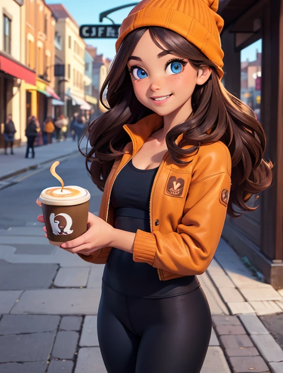 (masterpiece:1.2), best quality, high resolution, unity 8k wallpaper, (illustration:0.8), (beautiful detailed eyes:1.6), extremely detailed face, perfect lighting, extremely detailed CG, (perfect hands, perfect anatomy), 1girl, solo, long wavy brown hair, blue eyes. (holding a coffee cup filled with Pumpkin spice Latte:1.3). (Wearing: Blue beanie, opened blue jacket, white tank-top, Lululemon branded black leggings, and brown Ugg boots). Her appearance reflects her whimsical and bubbly personality. She has a carefree smile on her face; she's standing. Background: City Park, the autumn season.
