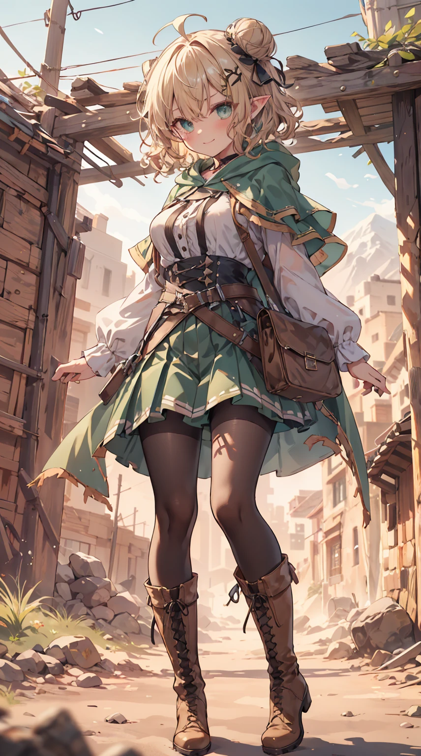 masterpiece, 1 girl, sparrow, a blonde haired girl, wearing a medieval villager clothes, curly short hair, messy hair, slim body, he close her left eye, shirt ornament, ruby eyes, ahoge, baby face, long sleeves, beautiful eyes, boots, droopy eyes, her age is 19, nagisa_bluearchive, innocent face, short hair, curly hair, MongolPunkAI, big breasts, view from right down, she tease you, lend a hand to you, she very close to you, rainbow_one, farmer clothes, pleated skirt, crocth tattoo, angry smile, medieval basement, hair ribbon, twin hair bun, innocent smile, green skirt, green hood, green capelet, green riding hood girl, wearing her hood, white pantyhose, green top of mountain, pointy ears