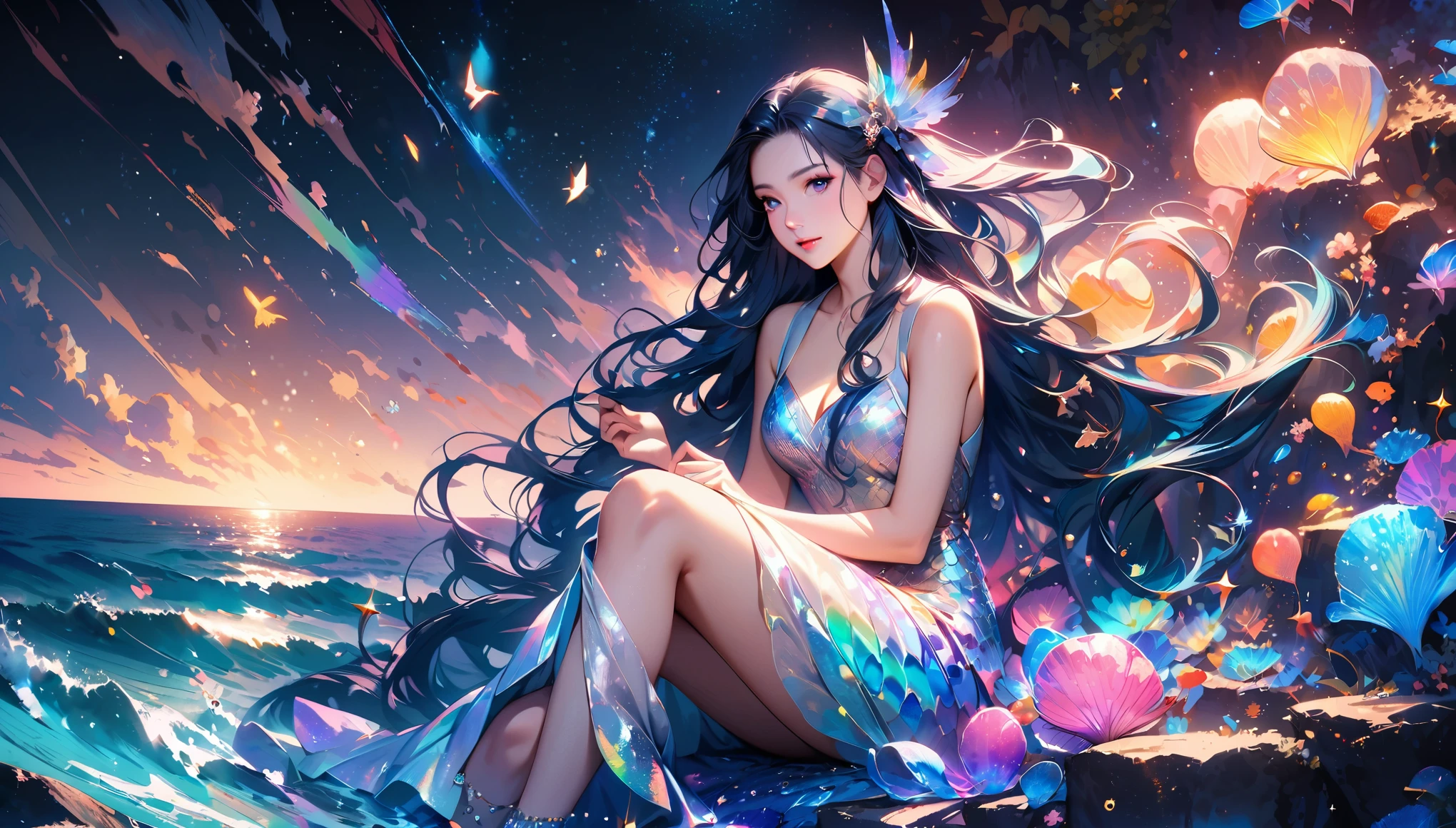 raw photo:1.2, masterpiece, highest quality, 16k, unbelievably absurd, very detailed, perfect beauty, (double exposure vibrant colors silhouette:1.3), (layered vibrant colors silhouette:1.2), (water world photo scenery), diamond dust, starry sky with aurora, flowing sheer dress, flowy long hair, (lake:1.2), (realistic photo scenery), (starlight), (ballerina girl dancing,romantic tutu),