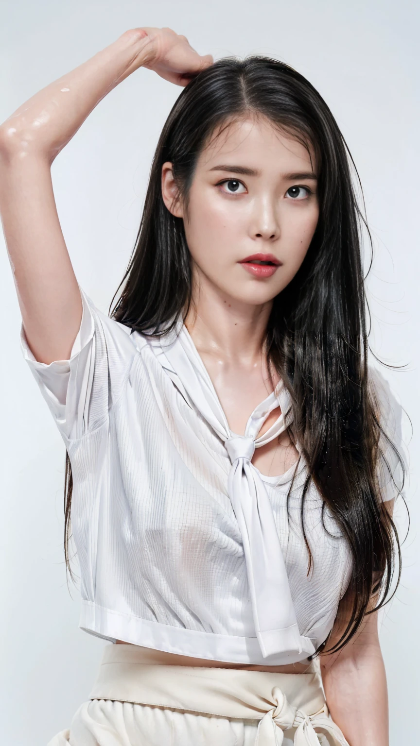 RAW, Best quality, high resolution, Masterpiece: 1.3), Beautiful IU, Masterpiece, ((sweat, sweaty, sweaty skin, wet skin, sweat droplets, wet body, wet face)), long hairstyle, Perfect slim body, Beautiful big eyes, Watery eyes, Soft smile, Wet lips, Big breasts, (((wearing white collar shirt with necktie, half-sided half-skirt hyper shorts:1.3))), perfect body, wide hips, thick thighs, (((sexy seductive view, sexy seductive pose))), she is enjoy rain wash on a rainy city street, her wet clothes trigger attention on nipple shimmering and visible breastpit through her wet clothes, bright lighting, happy, 8k, high quality, beam lighting