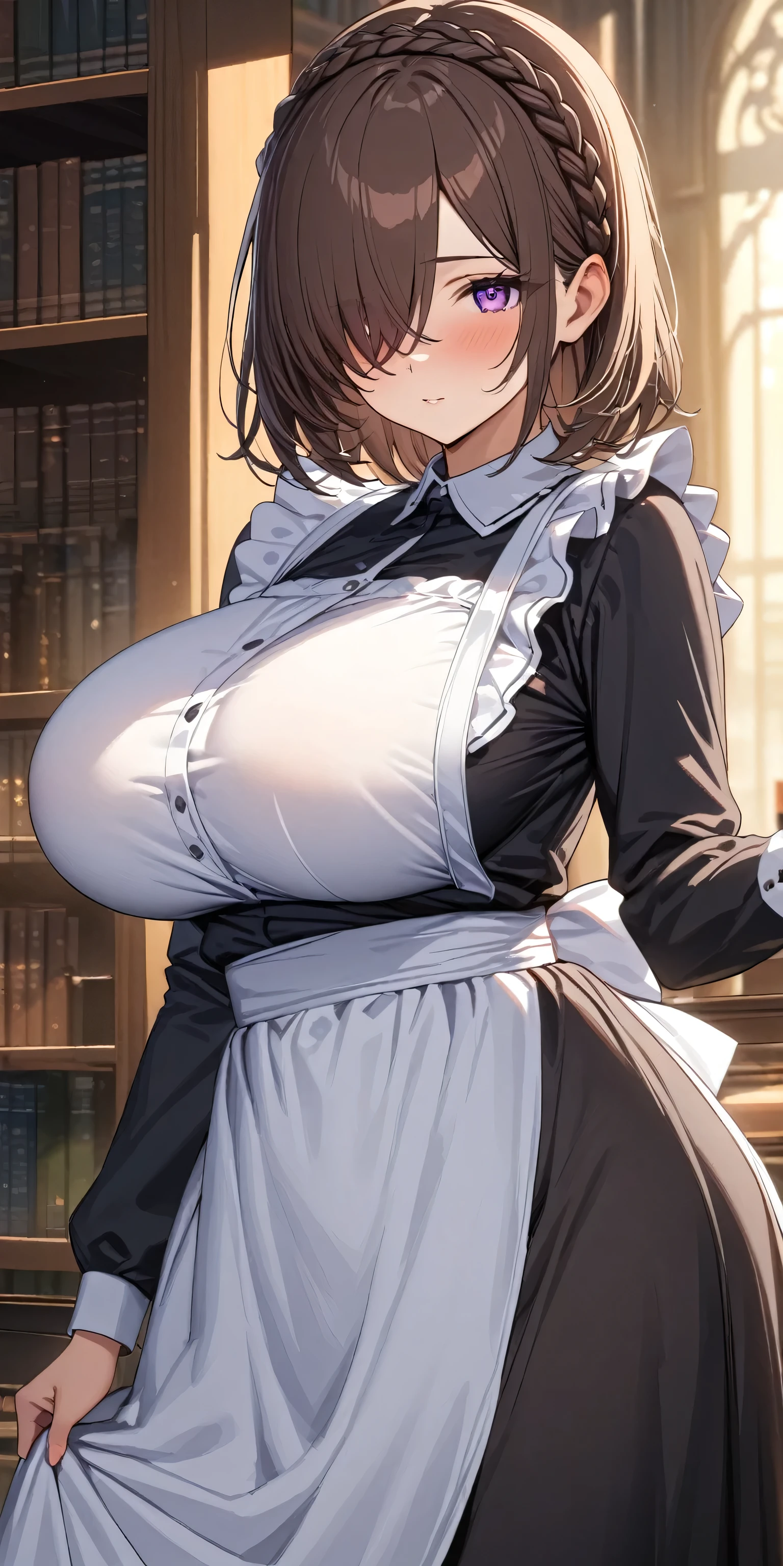 (masterpiece, Highest quality:1.2), (1girl), alone, ((medium hair)), ((dark brown hair)), (straight hair), ((hair over face)), (hair over one eye), crown braid, (black maid dress), white apron,long sleeves, long skirt, (purple eyes), (((big breast))), high detail, bloom, textured skin, natural light, (mature), ((detaile eyes)), library, (()), evening