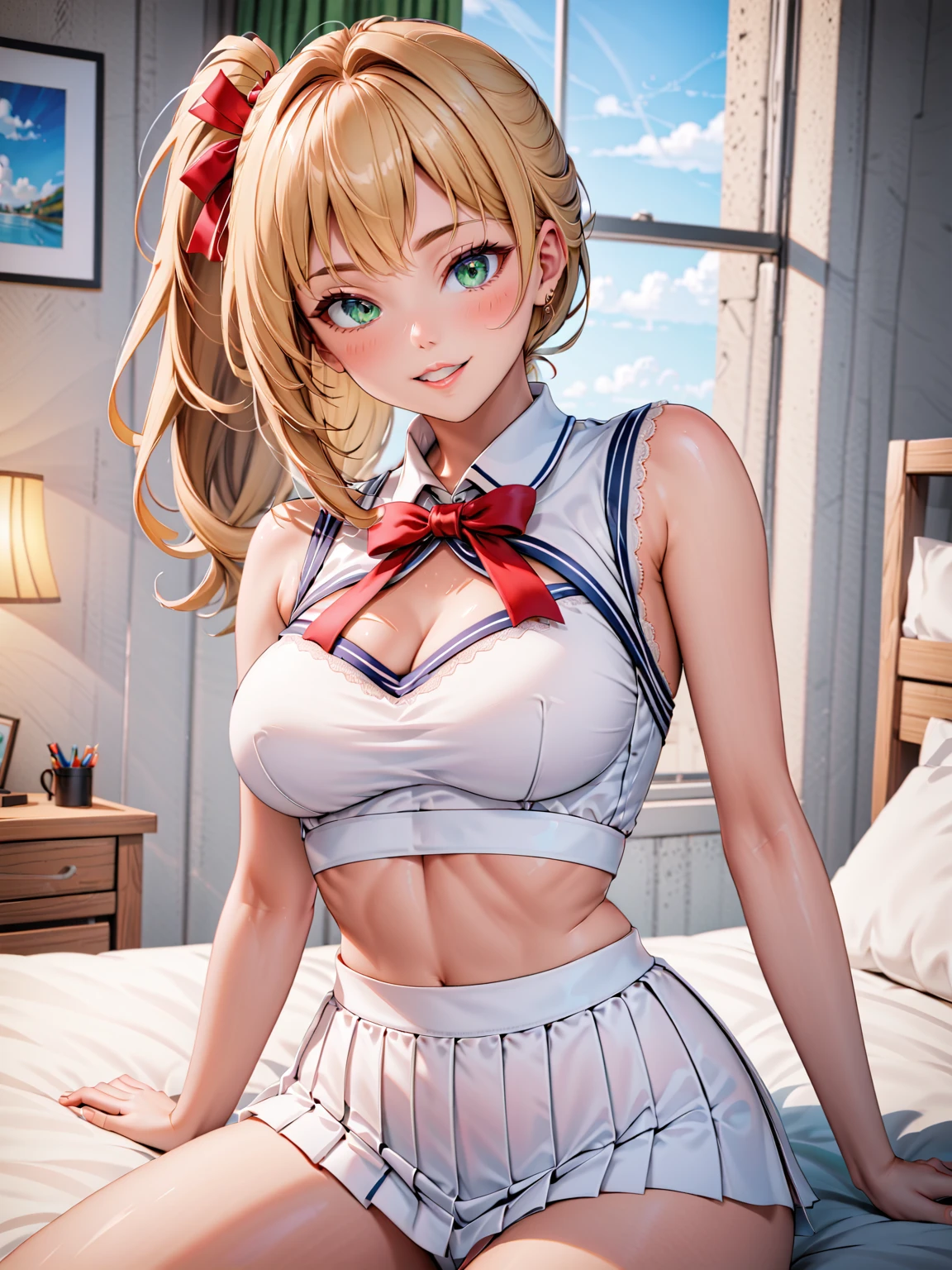 NSFW,  masterpiece, best quality, very aesthetic,  1girl, JK, detailed green eyes, tareme,  half opened mouth, smile, silky blonde hair, hair pulled back:, side ponytail, (underboob:1.2), Skin with attention to detail,  (spread legs), tiny lace thong:, no bra, sheer crop top white shirt, sleeveless, sailor uniform, (without skirt:), red ribbon tie, bedroom, front view