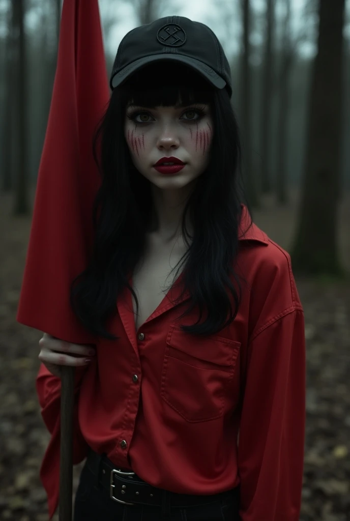 she、A woman looking back、The black around the eyes makes it look scary.。long, Black Hair; she、Wearing a black dress, She's wearing a red coat over it., she恐ろしい見た目, she赤いベレー帽を着ています。 The background is horror。Please show the whole body in the field of view。The background is the countryside。Countryside at night、Creepy。