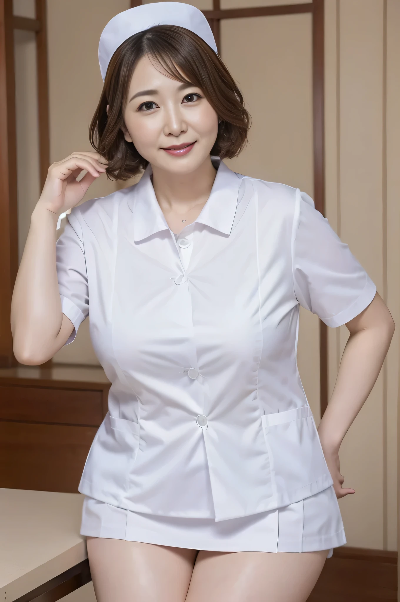 WHITE SMOKE NURSE UNIFORM, skirt ,Big Breasts, plump, cute face,Awkward,Bob Hair,hospital, on the table , very cute,Attractive adult,Adult women,Japanese