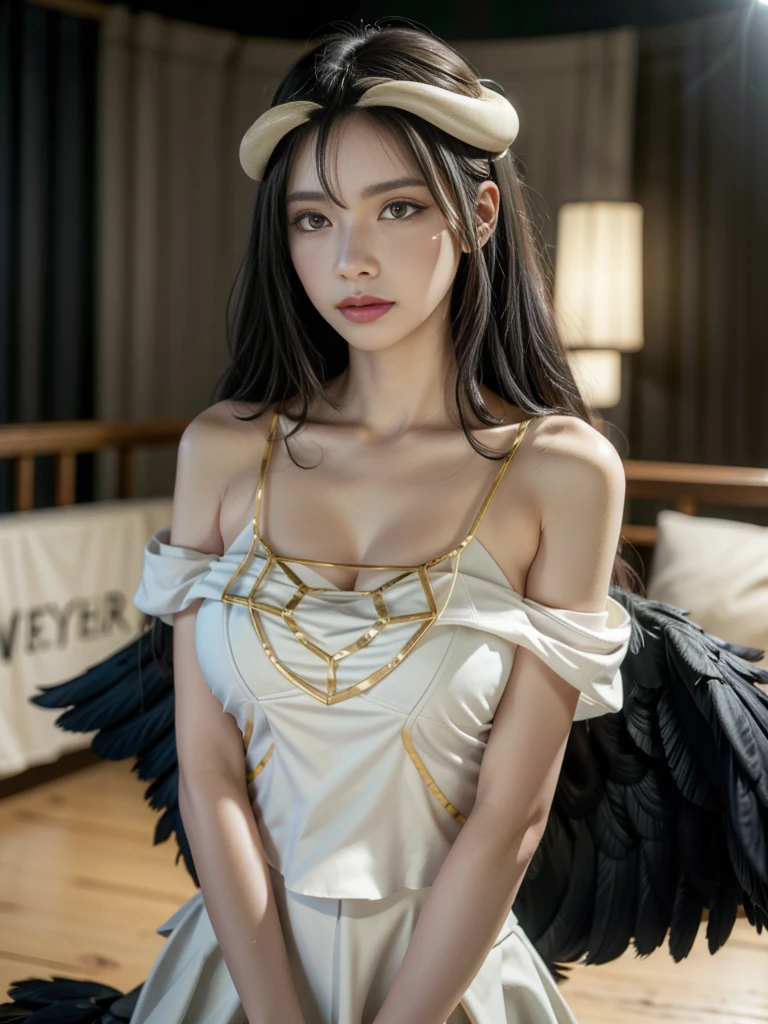 Masterpiece, Best quality, Ultra-detailed, illustration, epic lighting, Cinematic composition, isometry,(hexagons:1.2), 1girl, Horns, Solo, Yellow eyes, Black hair, Long hair, (Low wing:1.2), Large cleavage, Bare shoulders, hair between eye, Medium breasts, (White dress:1.1), Golden decoration, Detached collar, view the viewer, (view the viewer:1.1), parted lip, Blush, Black feathers fall, Arena, particle fx, (8K:1.1)