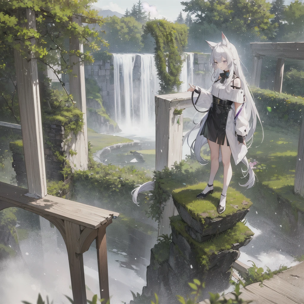 masterpiece, best quality, (ognx:1.3),masterpiece, 1girl, solo, laughing, cat ears, purple eyes, long hair, white hair, floating hair, belts, curve back, black coat, full body, top view, mist, moss, green mountains, rain, flat white background, masterpiece, best quality, highres, 