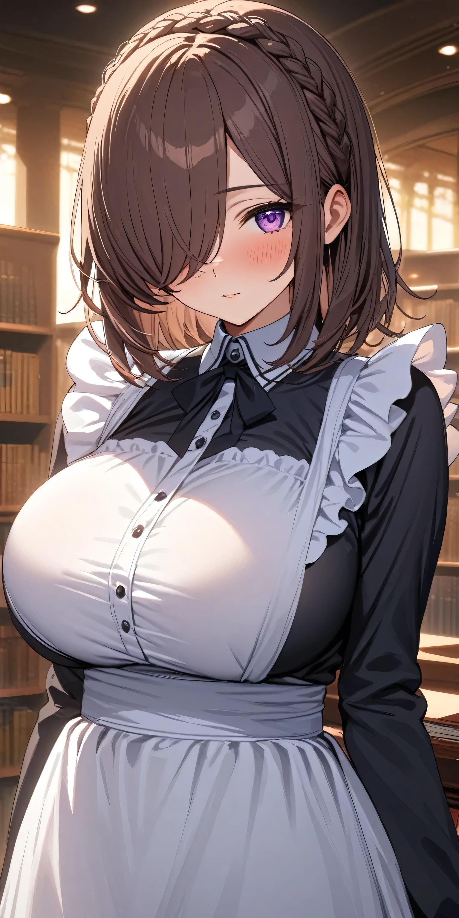 (masterpiece, Highest quality:1.2), (1girl), alone, ((medium hair)), ((dark brown hair)), (straight hair), ((hair over face)), (hair over one eye), crown braid, (black maid dress), white apron,long sleeves, long skirt, (purple eyes), (((big breast))), high detail, bloom, textured skin, natural light, (mature), ((detaile eyes)), library, (()), evening