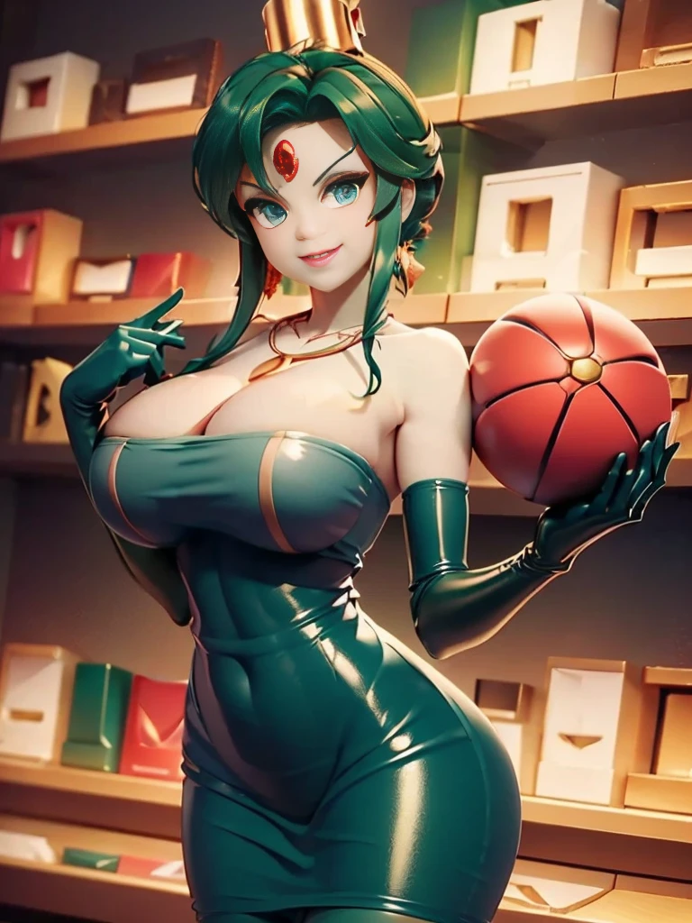 (masterpiece,best quality,ultra-delicate,Perfect Face,16k,high resolution,very beautiful woman), white skin:1.7,deep green hair,the hair in the back is very short:1.5,blue latex bodycon dress, long latex gloves, emerald green colored tights:6.3, large breasts, large red ball and tall cylinder shape gold headpiece connected by a rope:1.3, , red gem on forehead, ((cosmetics counter)), gold necklace, smile,red lipstick