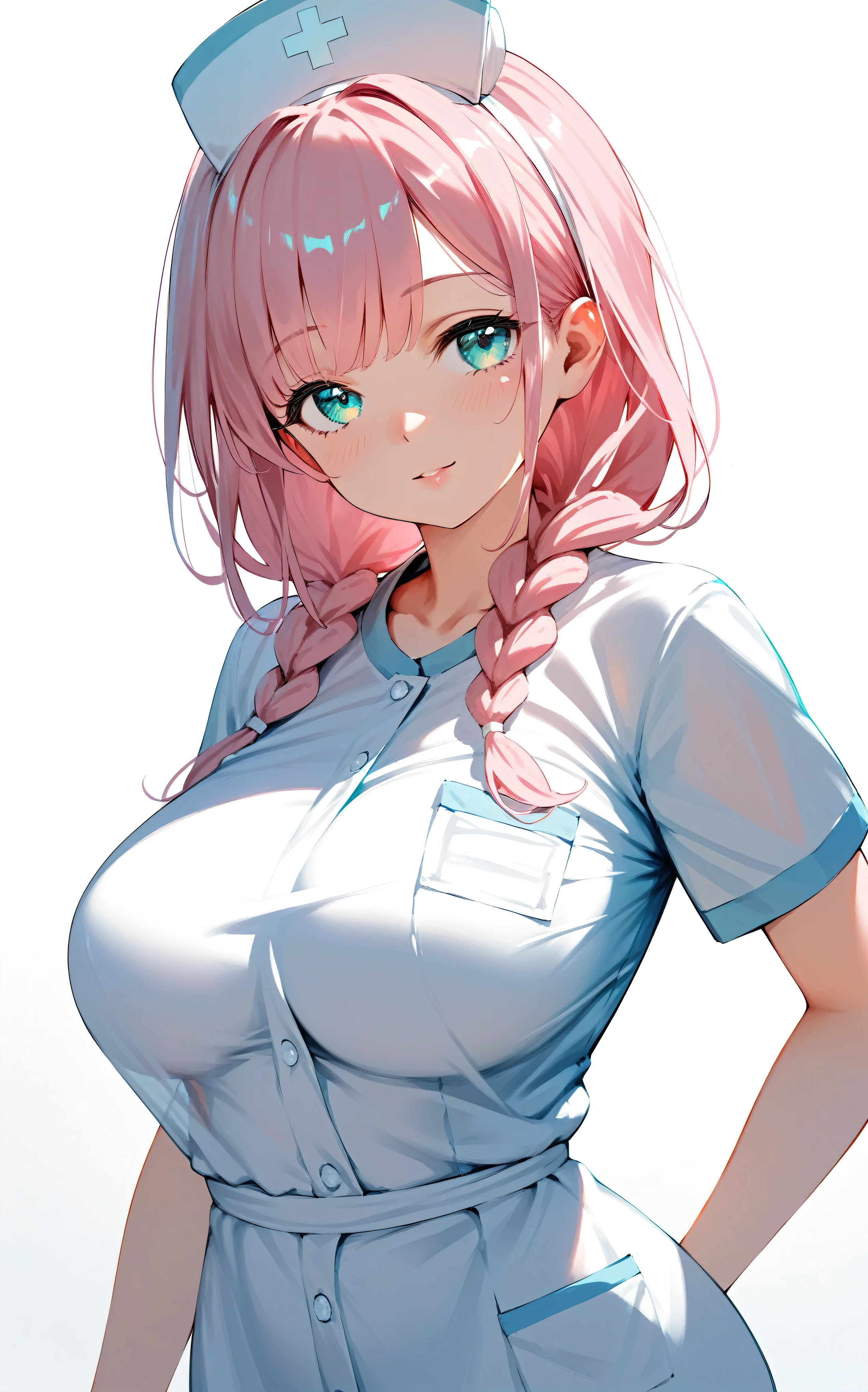 (best quality:1.2), (ultra-detailed:1.2), (2.5D:1.2), (Anime Moe Art Style), 1girl , pink hair,Twin braids, Cyan eyes, gradient eyes, large breasts, hospital gown,head tilt, white Background 