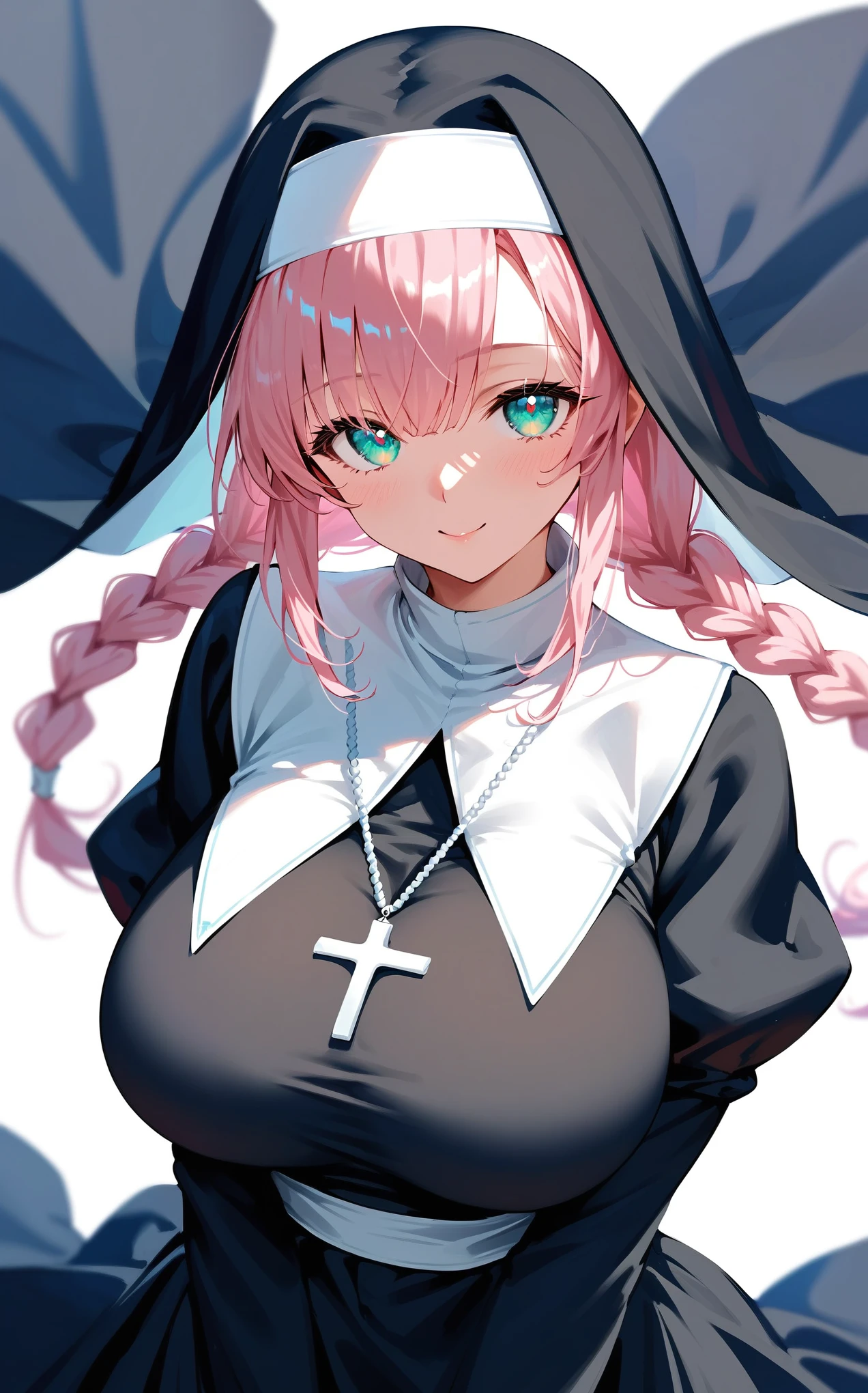 (best quality:1.2), (ultra-detailed:1.2), (2.5D:1.2), (Anime Moe Art Style), 1girl , pink hair,Twin braids, Cyan eyes, gradient eyes, large breasts, nun, white Background 