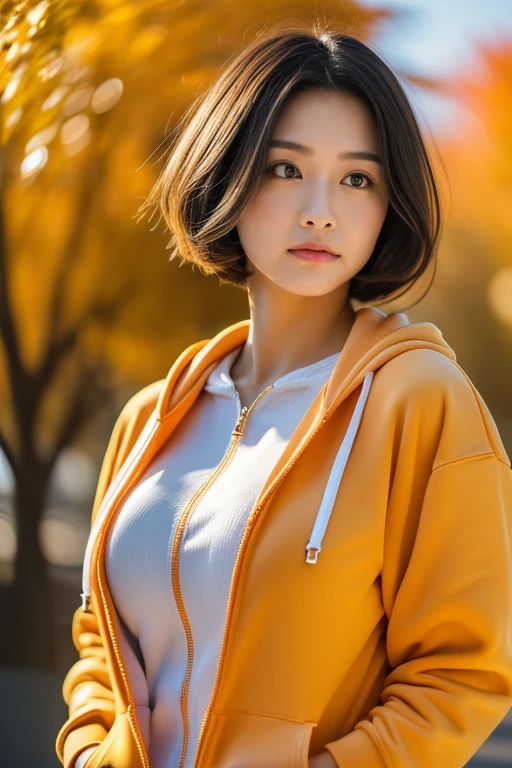 (8k, RAW photo, photorealistic, HQ, masterpiece), a cute Japanese woman, (glowing eyes), 
(cute pouting:1.4), looking up, fluffy very short bob hair, large Breasts, (orange zip up hoodie), hair swaying in the wind, Autumn city Scenery, Depth of field rally background, backlighting, 