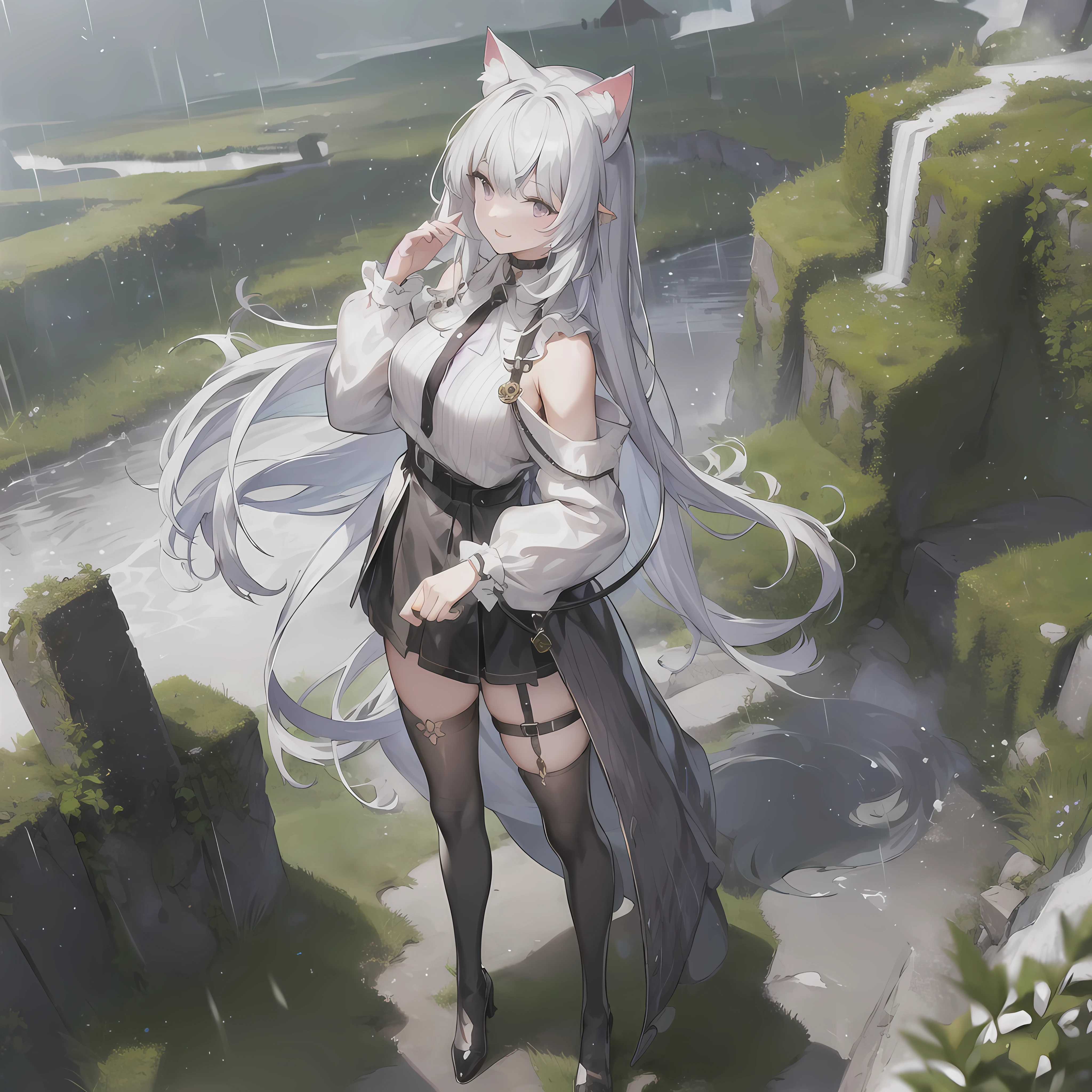 masterpiece, best quality, (ognx:1.3),masterpiece, 1girl, solo, laughing, cat ears, purple eyes, long hair, white hair, floating hair, belts, curve back, black coat, full body, top view, mist, moss, green mountains, rain, flat white background, masterpiece, best quality, highres, 