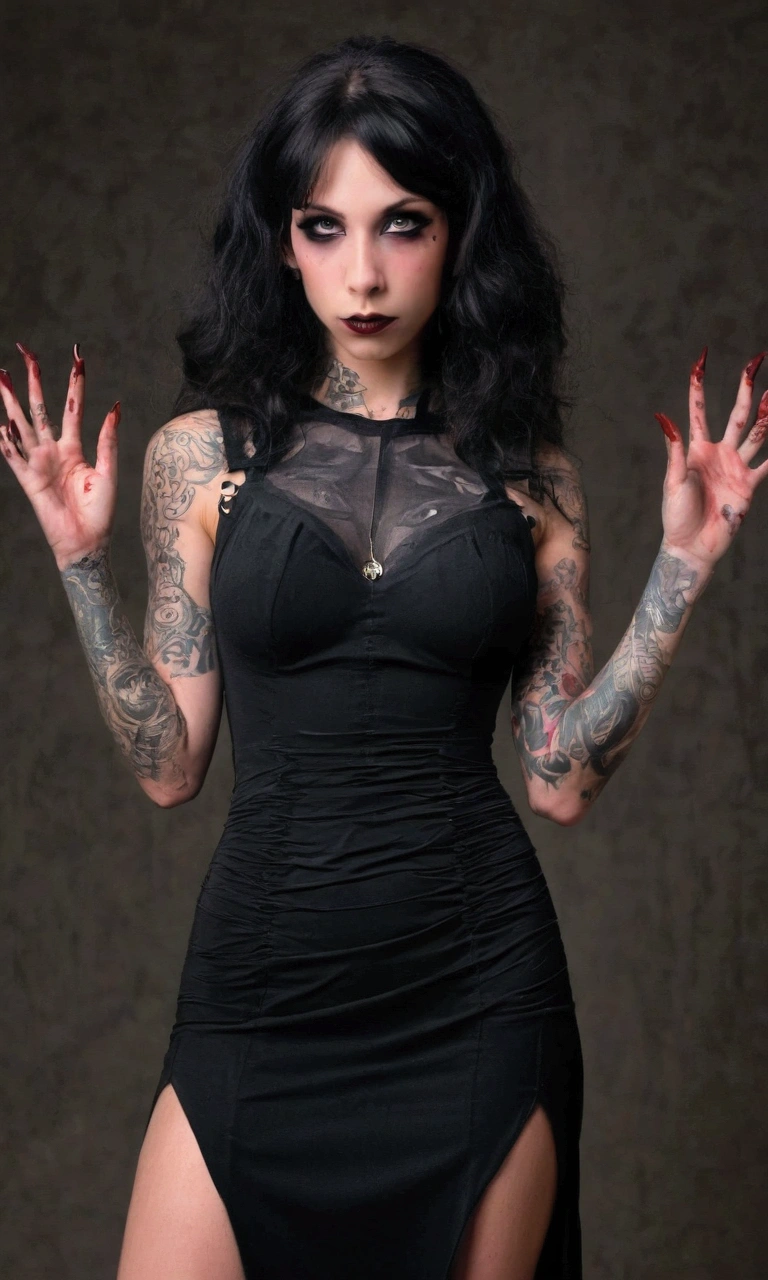 A young female zombie with half her body coming out of a grave, in central and frontal angle towards the camera. She is wearing a modern and very fashionable outfit. is looking at the camera. The background is a single color, It's like a studio photograph