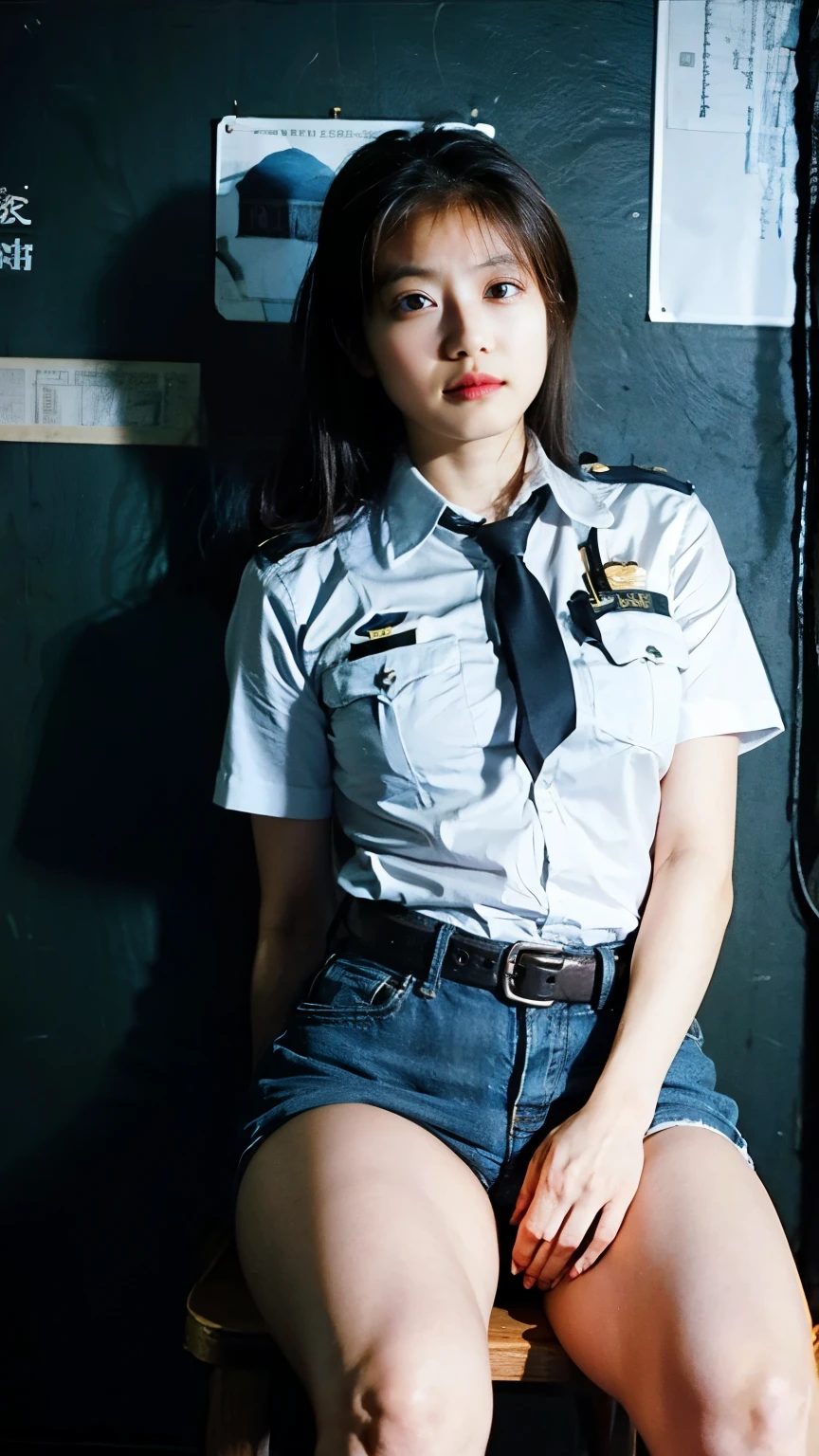 Highest image quality, outstanding details, ultra-high resolution, (realism: 1.4), ((middle shot:0.75)), highly condensed 1lady, with beautiful and a delicate face, perfect proportion, (chubby:0.3, small breasts), (wearing police uniform), background simple grey wall,