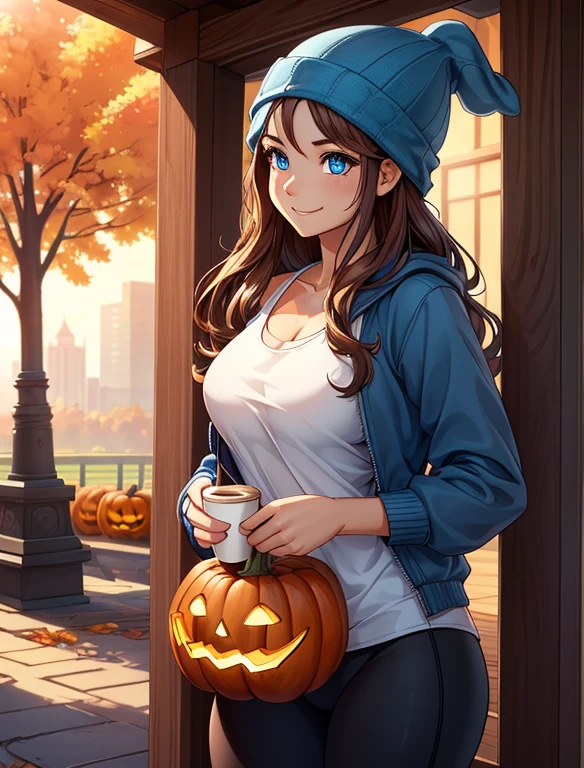 (masterpiece:1.2), best quality, high resolution, unity 8k wallpaper, (illustration:0.8), (beautiful detailed eyes:1.6), extremely detailed face, perfect lighting, extremely detailed CG, (perfect hands, perfect anatomy), 1girl, solo, long wavy brown hair, blue eyes. (holding a coffee cup filled with Pumpkin spice Latte:1.3). (Wearing: Blue beanie, opened blue jacket, baggy white tank-top and Lululemon branded black leggings). Her appearance reflects her whimsical and bubbly personality. She has a carefree smile on her face; she's standing. Background: City Park, the autumn season.
