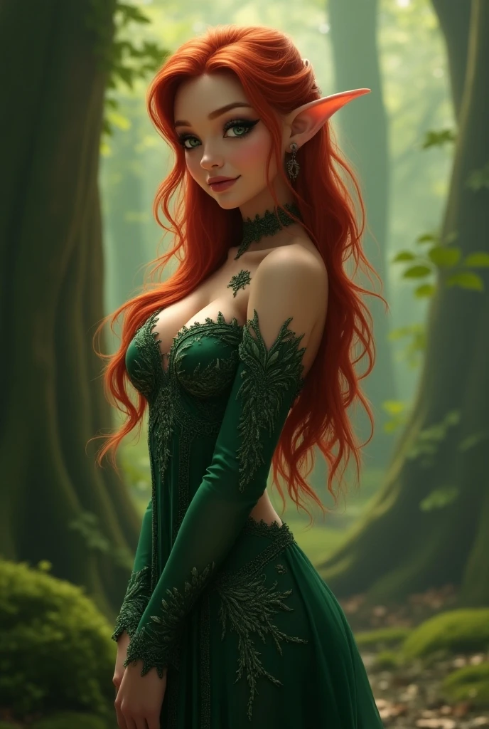 Sexy elf in dragon armor, Top quality, high detail, 8k, photorealistic, wallpaper, detailed green scales, detailed green dragon wings, dragon horns, elf, detailed dragon scale armor, busty, large breasts, redhead, long pointy ears, long wavy hair, forest, long legs, wide hips, small waist, voluptuous, sexy, seductive, beautiful face, detailed face, seductive smile, detailed eyes, detailed body, stockings, topless,
