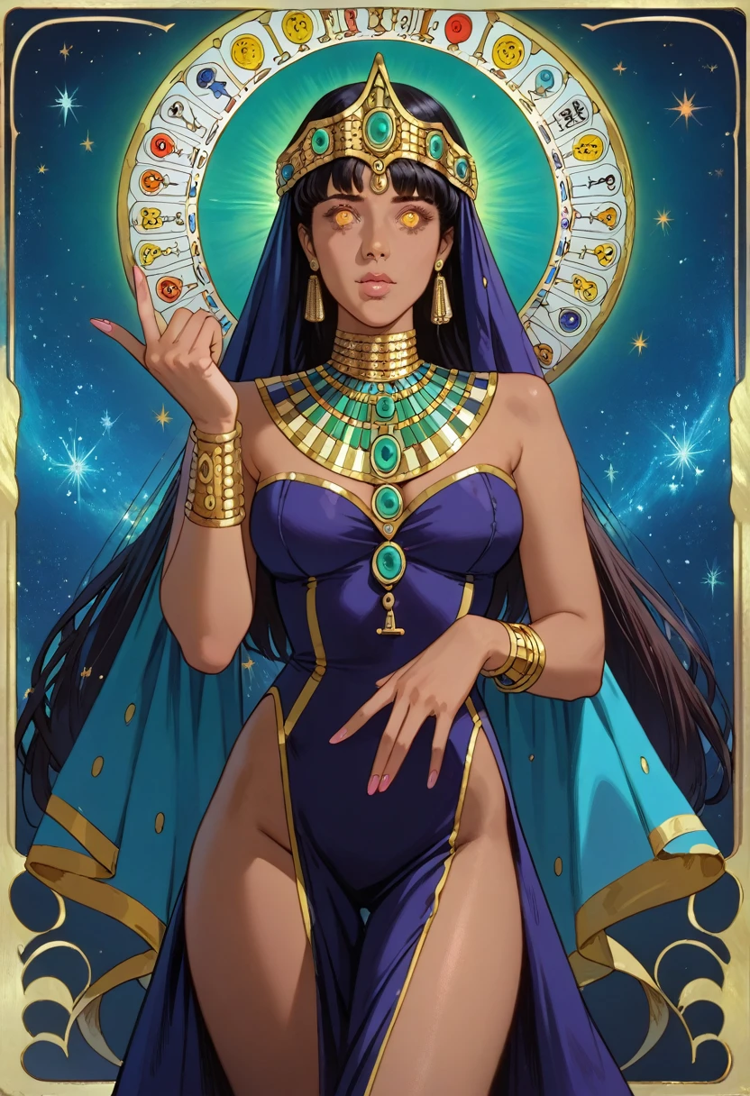 a beautiful goddess isis, egyptian goddess, alphonse mucha style, detailed crown, queenie gesture, ornate headdress, flowing robes, golden skin, piercing eyes, intricate details, ethereal lighting, dreamlike atmosphere, vibrant colors, dramatic pose, masterpiece, 8k, ultra-detailed, photorealistic, cinematic, glowing aura, art deco shaman, tarot card art, tarot design, symmetrical tarot illustration, Tarot card style of , celestial light, stars, wide sea, starry sky, (cute baby face:1.1),(dynamic pose:1.1), thigh , 1girl, marina, dark skin, dark-skinned female,, promotional_art, best_quality