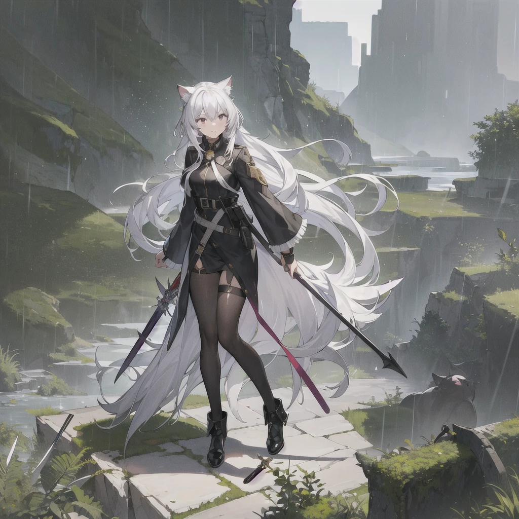 masterpiece, best quality, (ognx:1.3),masterpiece, 1girl, solo, laughing, cat ears, purple eyes, long hair, white hair, floating hair, belts, curve back, black coat, knives, full body, top view, mist, moss, green mountains, rain, flat white background, masterpiece, best quality, highres, 