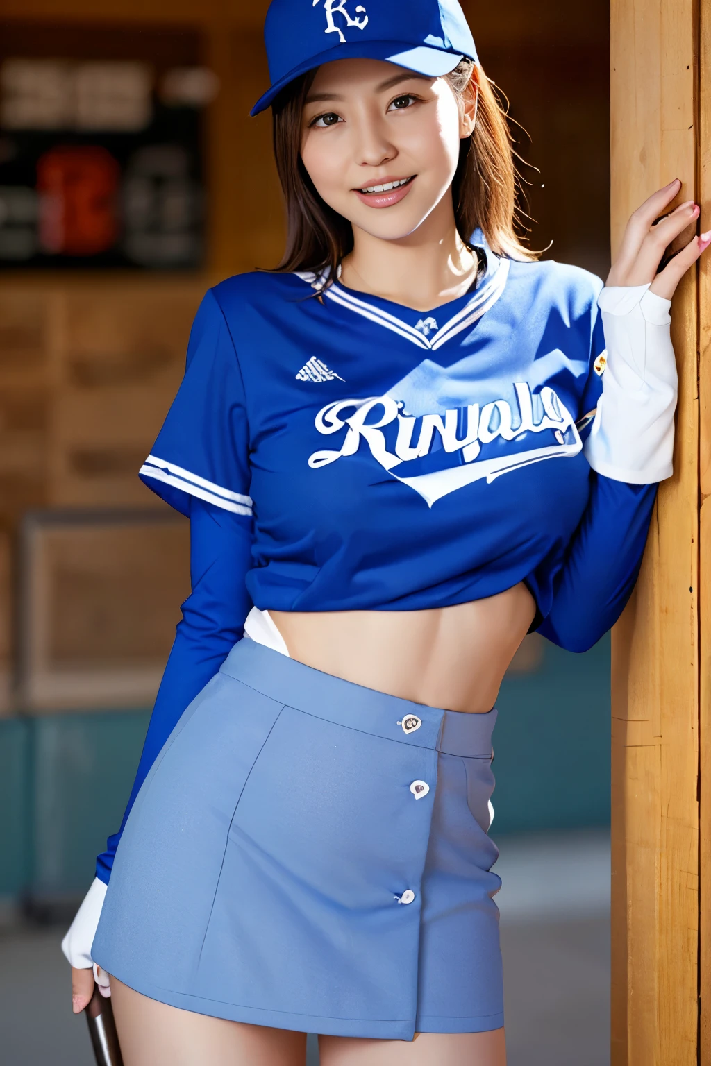 ((best quality)), ((masterpiece)), (detailed), 1girl,baseball player on baseball stadium,((clothed:1.1)),(Kansas City Royals uniform),sexy royal blue and light blue baseball uniforms,wearing royal blue baseball cap ,baseball mittens ,hold baseball bats,(pleated mini skirt )((huge breasts:2.0,see through:20,high leg micro pantie)),best smile,crossed arms,hold breasts,standing and style posing ,open legs,(beautiful pussy line),(Protruding pubic hair),