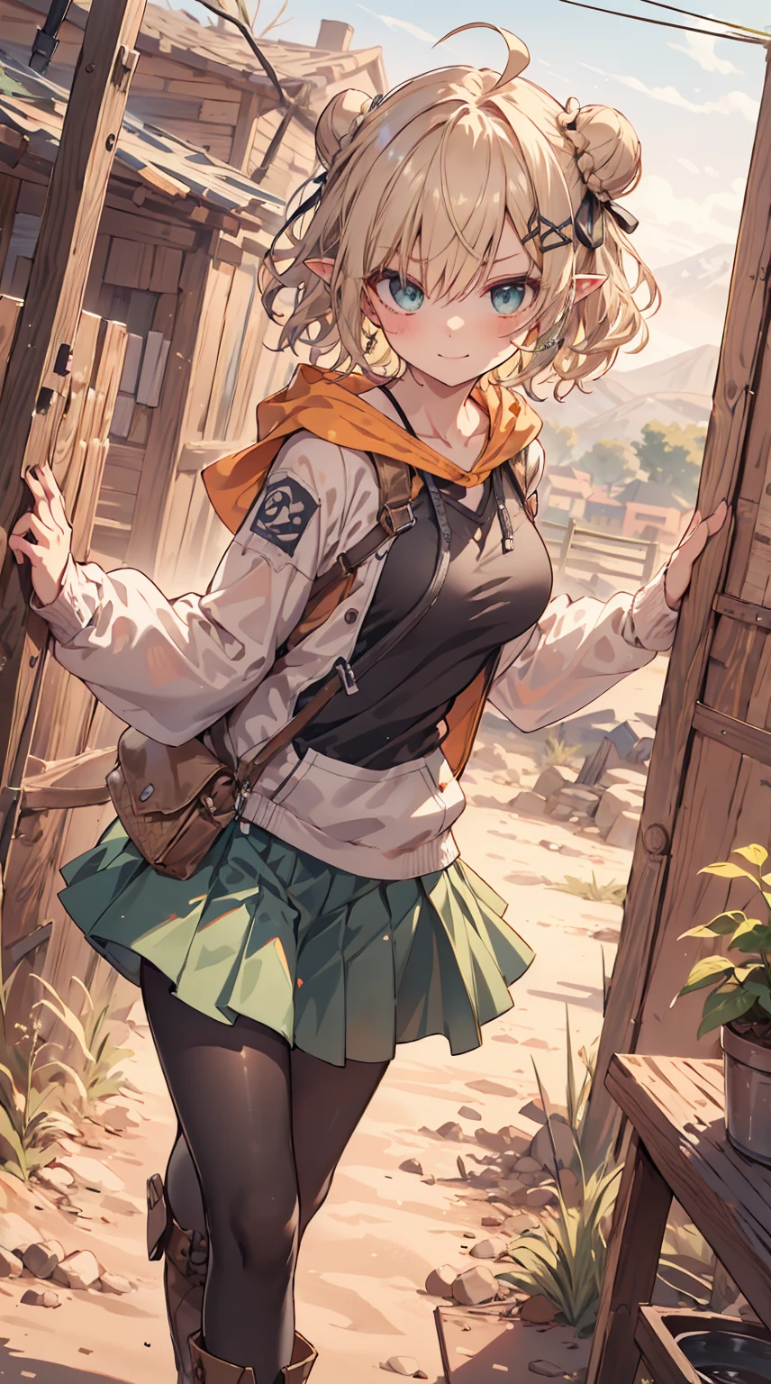 masterpiece, 1 girl, sparrow, a blonde haired girl, wearing a medieval villager clothes, curly short hair, messy hair, slim body, he close her left eye, shirt ornament, ruby eyes, ahoge, baby face, long sleeves, beautiful eyes, boots, droopy eyes, her age is 19, nagisa_bluearchive, innocent face, short hair, curly hair, MongolPunkAI, big breasts, view from right down, she tease you, lend a hand to you, she very close to you, rainbow_one, farmer clothes, pleated skirt, crocth tattoo, angry smile, medieval basement, hair ribbon, twin hair bun, innocent smile, green skirt, green tanktop, navrel, wearing her hood, white pantyhose, green top of mountain, pointy ears