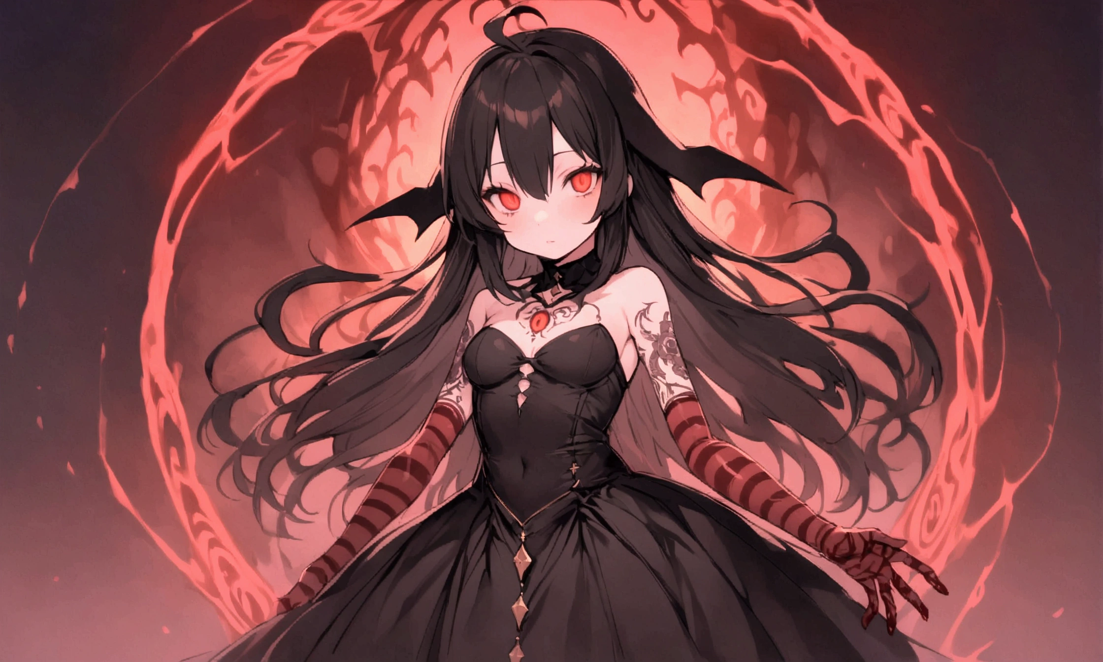 paleskin,Pink pupils,Long flowing black hair,Red bow,amaryllis,Evil smile,The background is a black shade,Crystal earrings on the ears,Raven feather pants