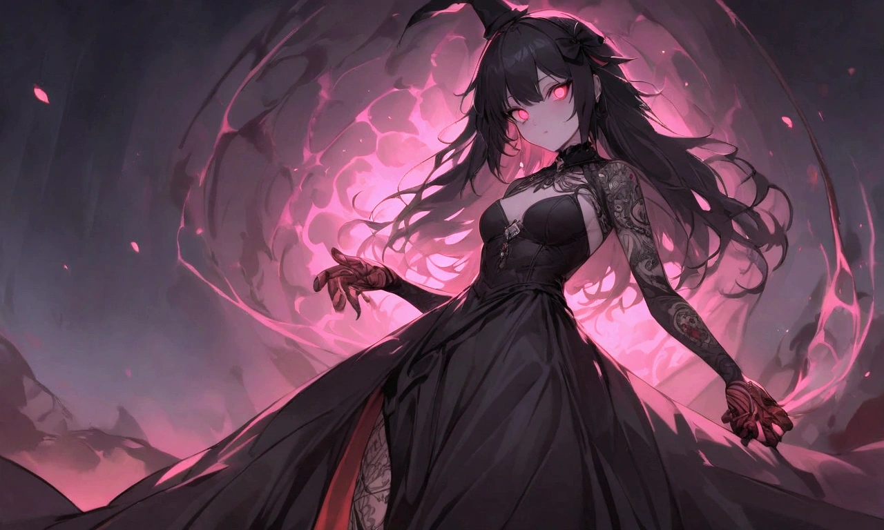 One woman、An unusual atmosphere、Iron bars、red eyes、tooth、鋭いtooth、black hair、Lock、Lock鎌、black dress、long hair、ハイライトのあるred eyes、sealed、purple fog、villain's daughter、enemy、cold、cruel、Get angry、rage、Purple Miasma、red glowing eyes、Purple Flame、Purple Flame、曲がりくねったLock、white skin、Burned Castle、bare shoulders、cleavage、thighs、