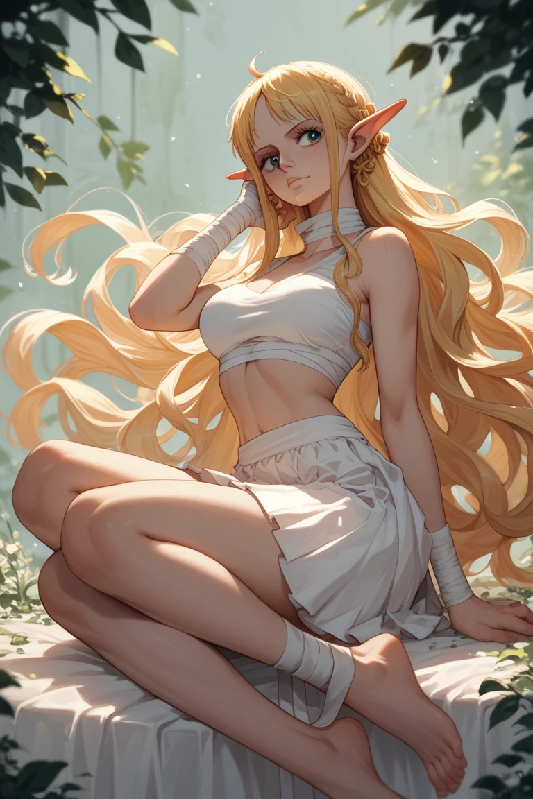 beautiful blonde woman, with brown locks of very long and wavy hair , au yeux vertd'origine espagnol , avec un joli visage doux , habiller d'un jeans et crop top, big tits with heels