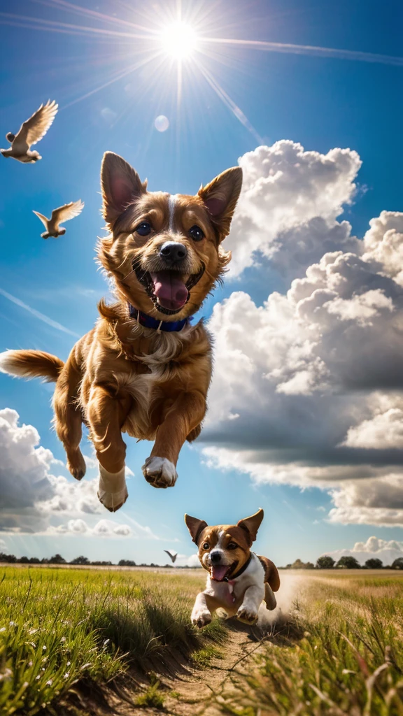 "Create an image of a small dog floating in the sky, looking playful and carefree. The dog’s paws are stretched out, and it has a joyful expression as if it's running through the clouds. Surround it with fluffy clouds and a few birds flying nearby, giving the impression that the dog is exploring the sky. The lighting is soft and dreamlike, adding a sense of wonder."

