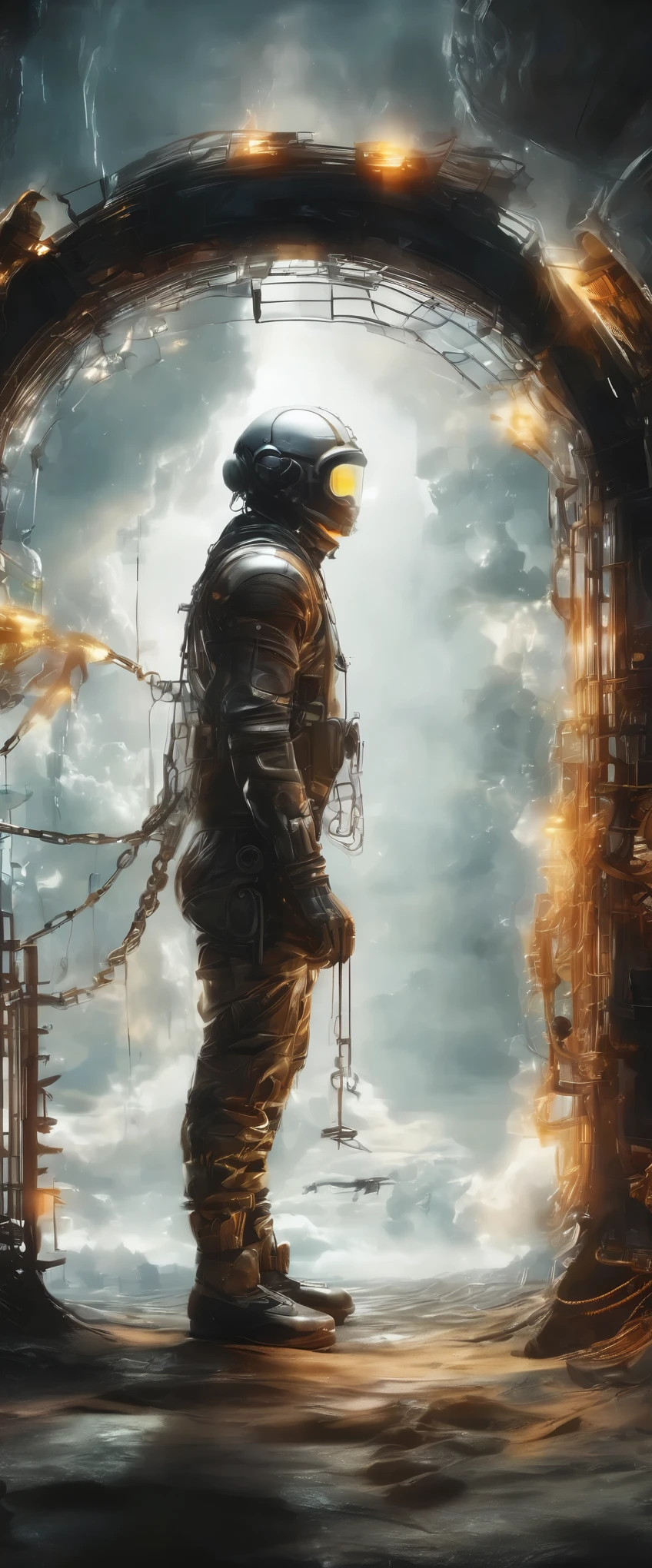 men wearing an anti-radiation suit ,  inside a cage held by thick and strong chains suspended many meters above the ground, looking at a large portal to another dimension ,  the portal has iridescent colors rotating ,  around the portal is made of metal with sophisticated gears ,  the whole image is surreal you are in front of a portal to another dimension in a surreal landscape ., Surrealism, chiaroscuro, depth of field, cinematic lighting, motion blur, SPARKLE, UHD, Retina, masterpiece, Accurate,  anatomically correct , textured skin, Super detail, high details,  high quality ,  award winning , best quality, highres, bad X