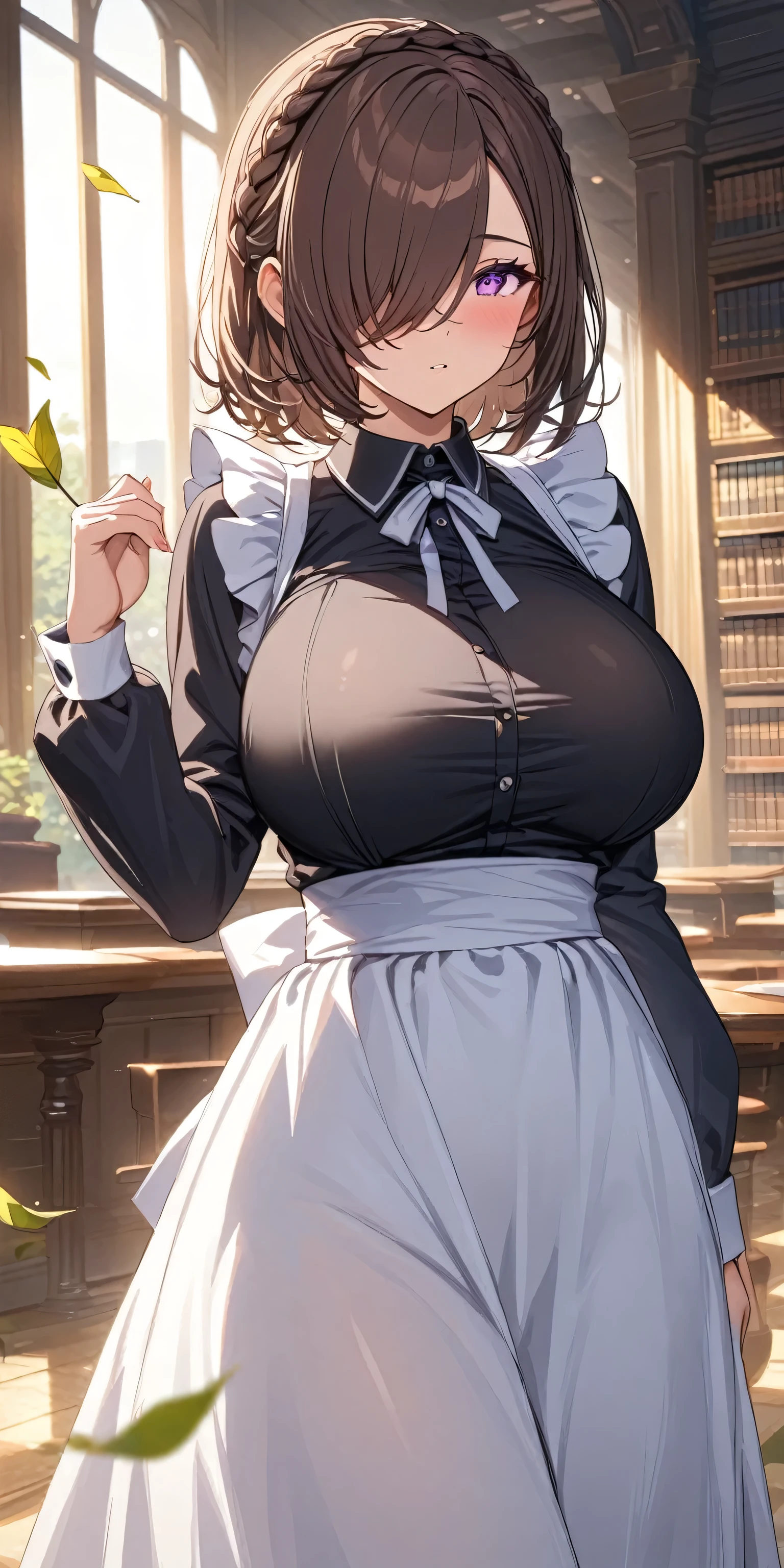 (masterpiece, Highest quality:1.2), (1girl), alone, ((medium hair)), ((dark brown hair)), (straight hair), ((hair over face)), (hair over one eye), crown braid, (black maid dress), white apron,long sleeves, long skirt, (purple eyes), (((big breast))), high detail, bloom, textured skin, natural light, (mature), ((detaile eyes)), library, (()), evening, in love, pov, blowing wind, leaves