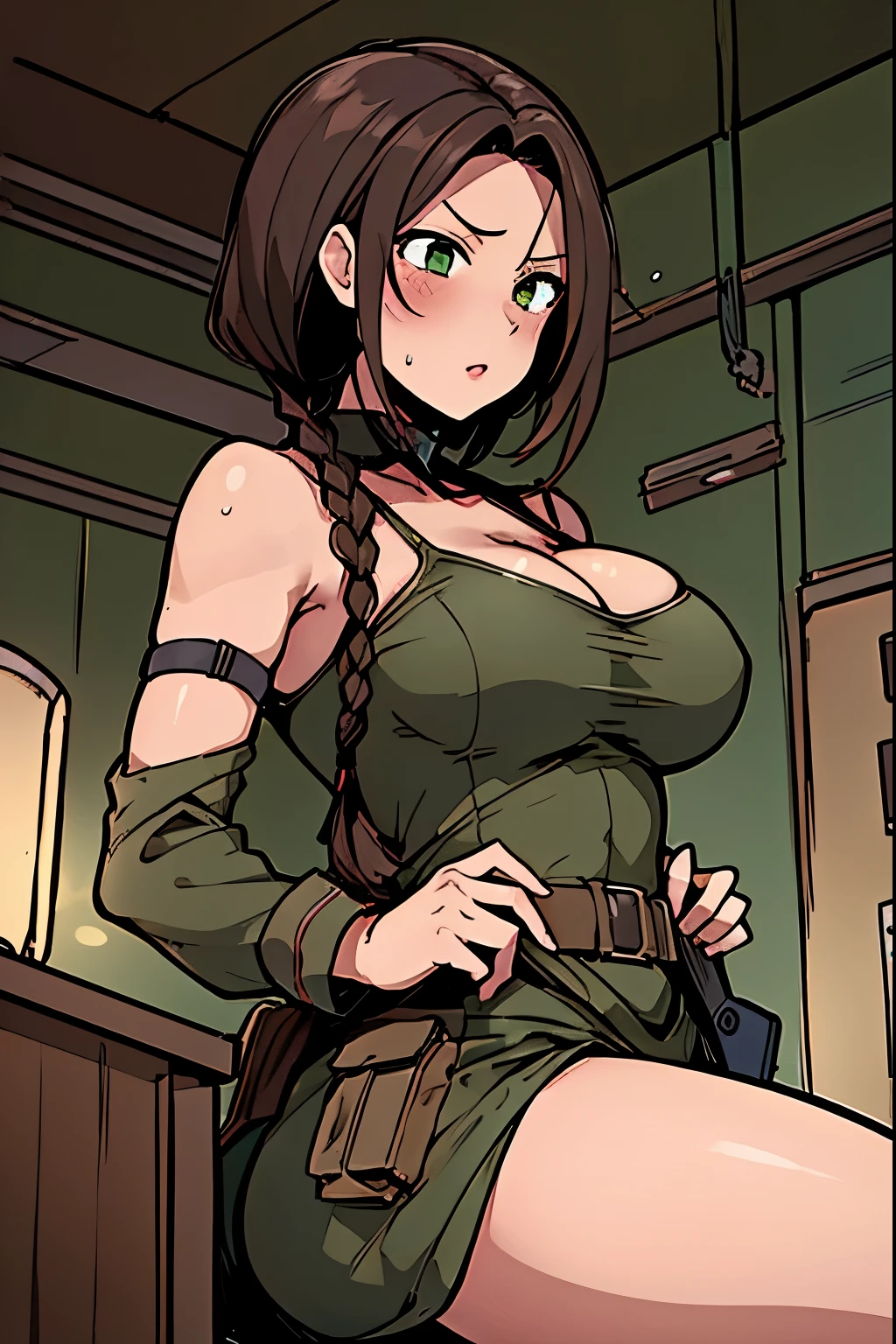 Female, Kanako, one girl, shoulder lenght braided brunette hair, Large breast, juicy ass, cleavage, military uniform, tactical equipment, combat knife in hands, better quality, high resolution, green eyes, mature, 1girl