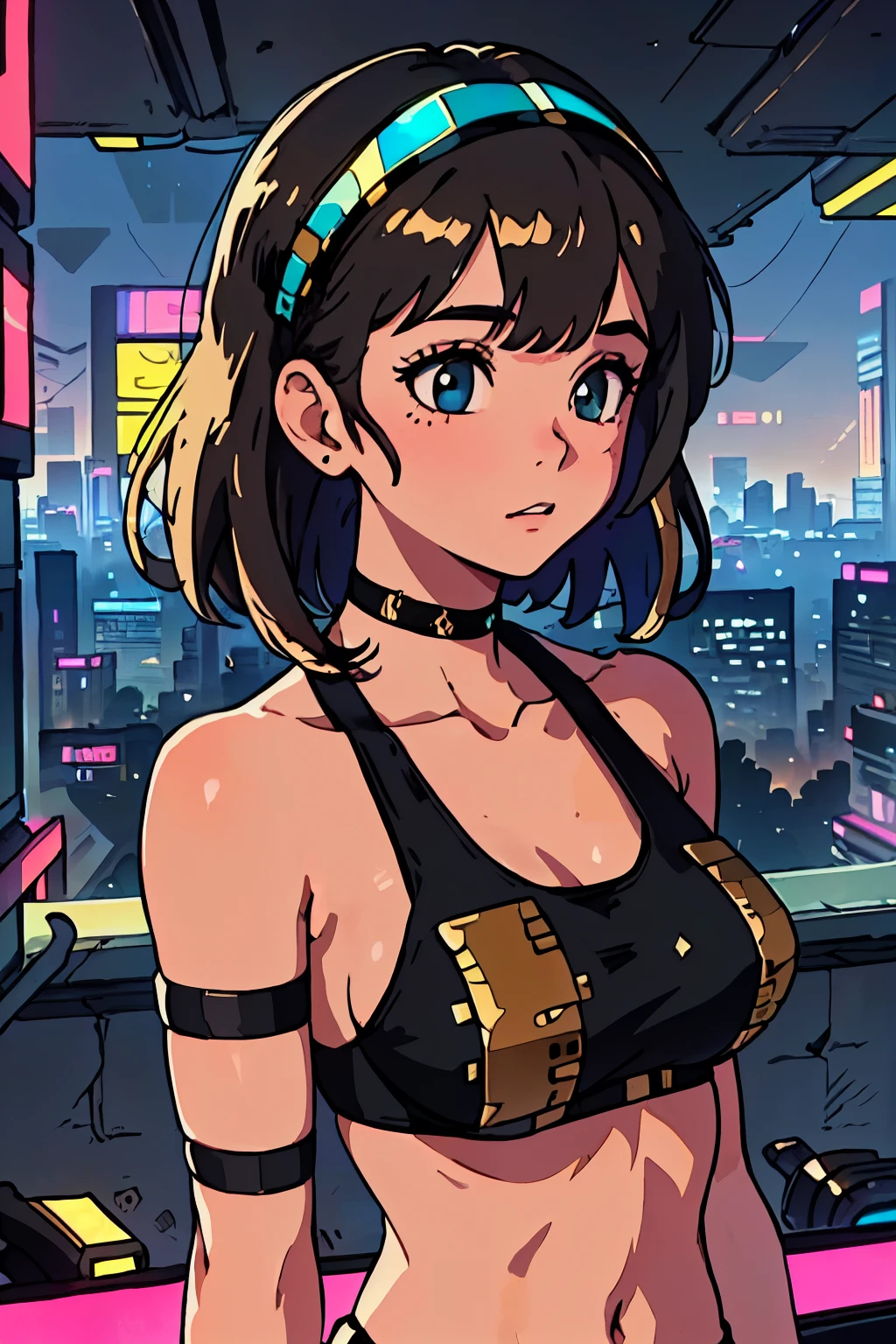 best quality, masterpiece, 1girl, blush, (upper body:1.3), medium hair with bangs, looking down, medium breast, (black bikini with gold accents:1.2), visor, hands down, (residential complex with a view of the cyberpunk city:1.3)