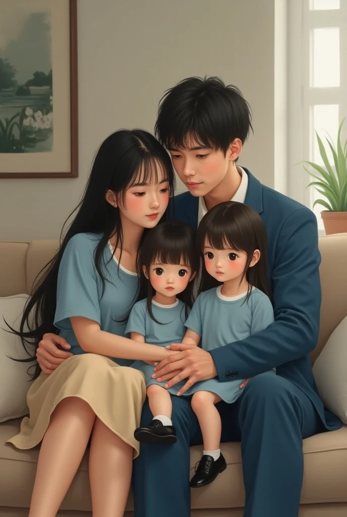 Light brown mother wearing glasses with her two children, a boy and a baby girl, in drawing in the living room of the house