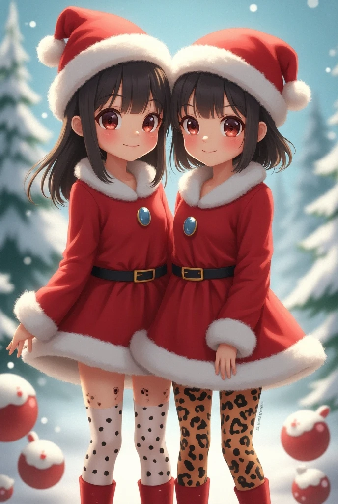 superflat, flat shading, flat colors, masterpiece, best quality, room, 2girls, 10yo loli, petite, green sweater with christmas tree print, (no panties:1:1), naked bottom, sitting on snow, white socks, shy, blush, embarassed, winter, watercolor, vibrant colors, ghibli style