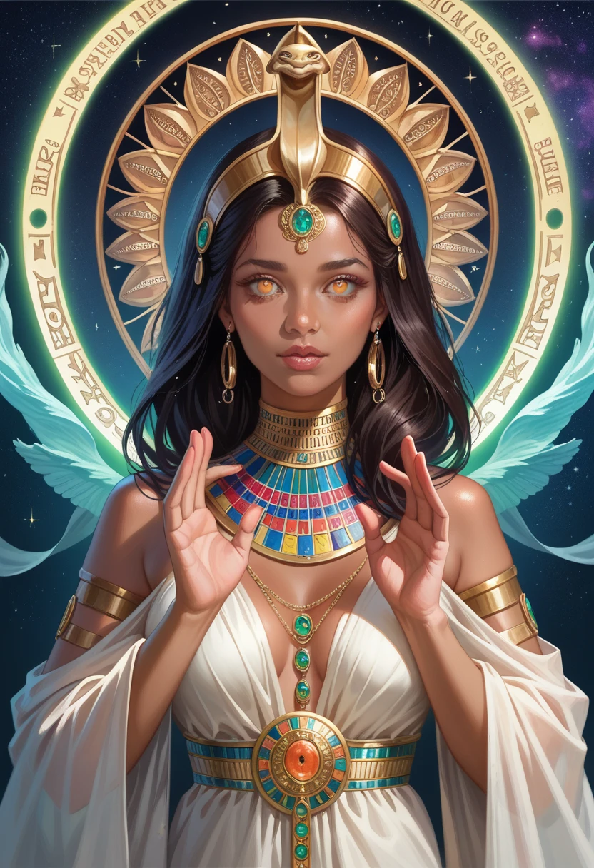 a beautiful goddess isis, egyptian goddess, alphonse mucha style, detailed crown, queenie gesture, ornate headdress, flowing robes, golden skin, piercing eyes, intricate details, ethereal lighting, dreamlike atmosphere, vibrant colors, dramatic pose, masterpiece, 8k, ultra-detailed, photorealistic, cinematic, glowing aura, art deco shaman, tarot card art, tarot design, symmetrical tarot illustration, Tarot card style of , celestial light, stars, wide sea, starry sky, (cute baby face:1.1),(dynamic pose:1.1), thigh , 1girl, marina, dark skin, dark-skinned female,, promotional_art, best_quality