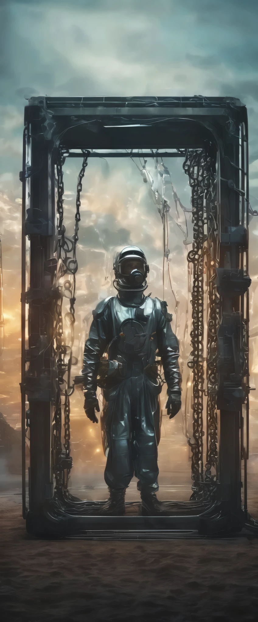 men wearing an anti-radiation suit ,  inside a cage held by thick and strong chains suspended many meters above the ground, looking at a large portal to another dimension ,  the portal has iridescent colors rotating ,  around the portal is made of metal with sophisticated gears ,  the whole image is surreal you are in front of a portal to another dimension in a surreal landscape ., Surrealism, chiaroscuro, depth of field, cinematic lighting, motion blur, SPARKLE, UHD, Retina, masterpiece, Accurate,  anatomically correct , textured skin, Super detail, high details,  high quality ,  award winning , best quality, highres, bad X