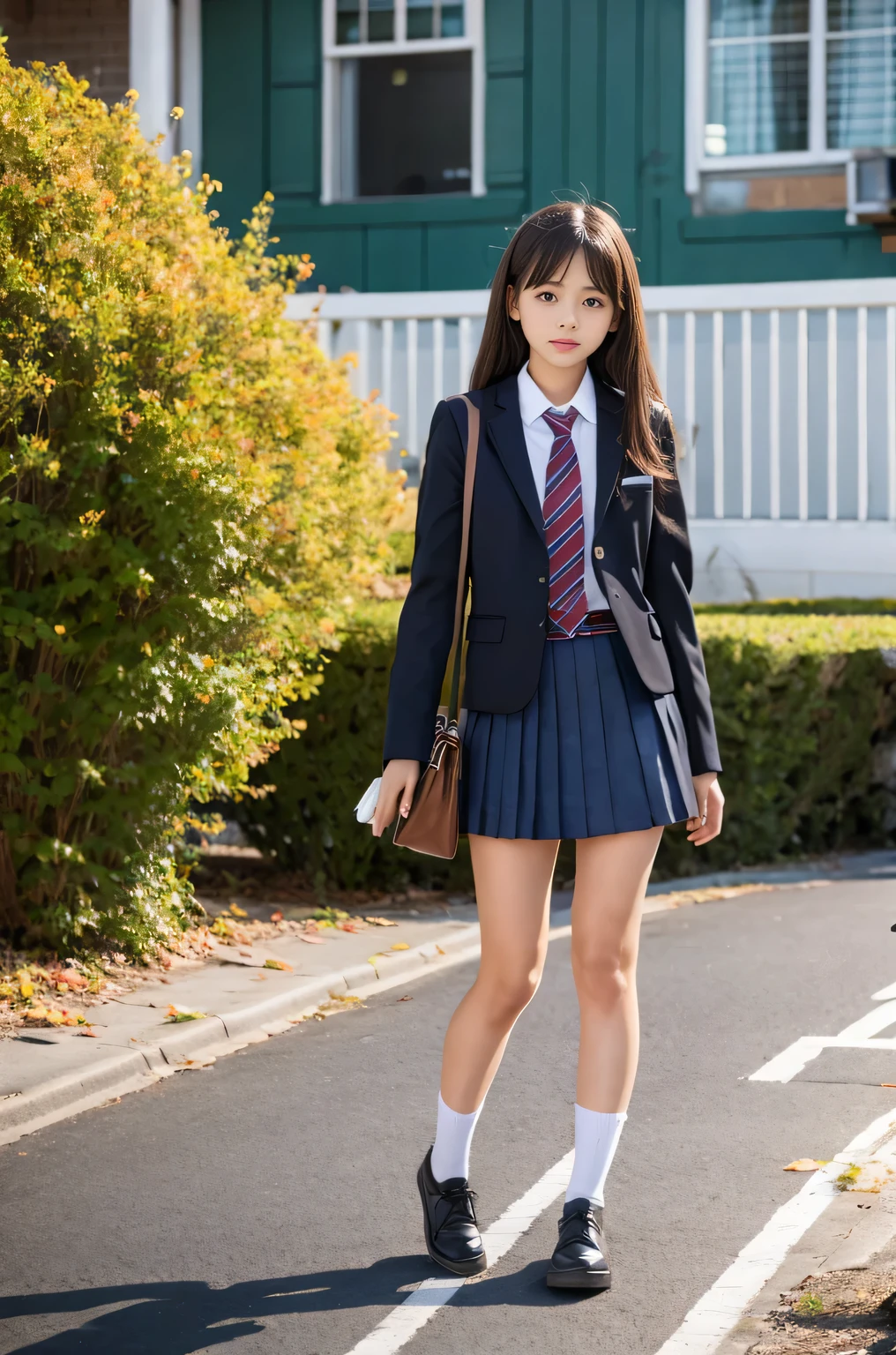 (masterpiece、8k、muste piece、RAW photo:1.4)、High resolution、((far away from the person))、((Full body photo from face to toes))、big eyes and small face、Height: 155cm、Japanese cute and beautiful girl、Smile of a smiling cute girl、facing the front、Stand with your feet together, slender、stand up with good posture、Residential area in the morning、realistic、15-year-old junior high school girl, slender and delicate body、small breasts、Blue Blazer Uniform、girls 、plaid skirt、healthy young teenage woman, (Knee High Socks), brown loafers leather shoes、Wear loafers、put your feet on the ground、full body shot、full body shot、Neat hairstyle details、Emphasizes the very slender leg line