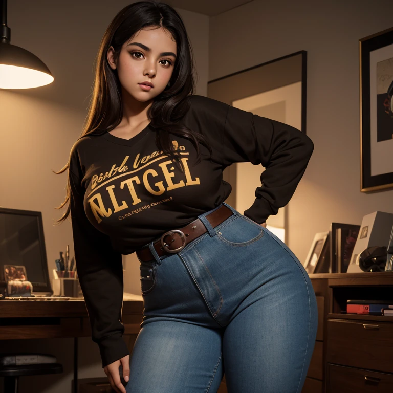 RAW photo, realistic, one very tall huge (minigiantess) woman, red sweatshirt and (jeans), laying on floor, coffee shop, ducking, leaning back,voluptuous, table, chair, window, ceiling, (high detailed skin), 8k uhd, dslr, soft lighting, high quality, film grain, Fujifilm XT3,  full body portrait, Israeli face, black hair,  ebony skin, <lora:minigts:0.44>