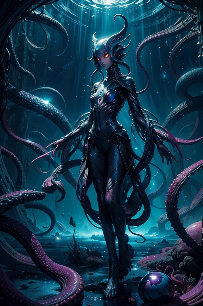 Female Alien, Beautiful face, seduces, red eyes, Full body like, A sexy, alien, No humans, an alien, cells are fused, Multiple hands, Lots of blue tentacle skin:1.5), extraterrestrial, cell, bio image, charming, Best Quality, 8K,,4K_quality, high_Definition,Dramatic Lighting, masutepiece:1.5,cinematic quality, detail up, Intricate details:1.2, 超A high resolution, High Definition, drawing faithfully, (Thick eyebrows:1.2), (Big scarlet eyes:1.6), Beautiful eyes with fine symmetry, (Ultra detailed eyes:1.2),(Highly detailed face and eyes:1.2), (High-resolution red-eye:1.4), Intimate face, (ultra detailed skin texture:1.4), Perfect Anatomy, (Beautiful toned body:1.5), (Moist skin:1.2), No makeup, (dark circles:1.1),
