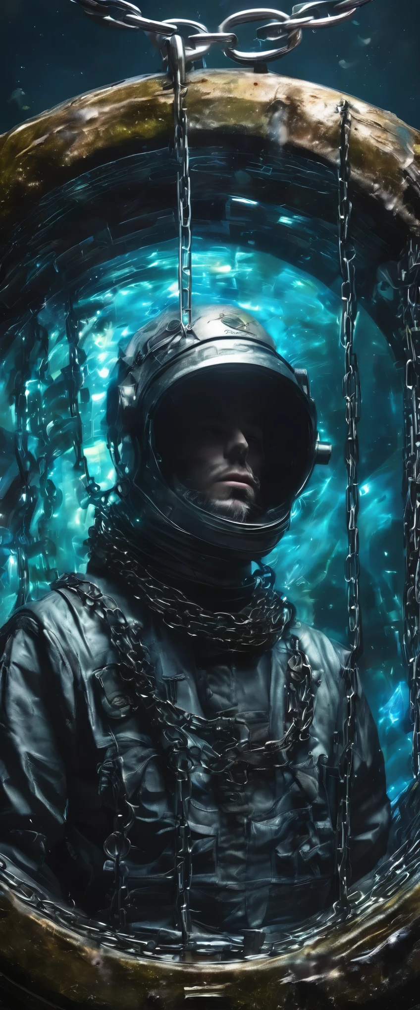 men wearing an anti-radiation suit ,  inside a cage held by thick and strong chains suspended many meters above the ground, looking at a large portal to another dimension ,  the portal has iridescent colors rotating ,  around the portal is made of metal with sophisticated gears ,  the whole image is surreal you are in front of a portal to another dimension in a surreal landscape ., Surrealism, chiaroscuro, depth of field, cinematic lighting, motion blur, SPARKLE, UHD, Retina, masterpiece, Accurate,  anatomically correct , textured skin, Super detail, high details,  high quality ,  award winning , best quality, highres, bad X