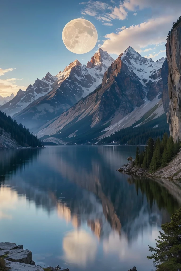 mountains and a lake with a moon in the sky, 4k highly detailed digital art, 4 k hd wallpaper very detailed, impressive fantasy landscape, sci-fi fantasy desktop wallpaper, unreal engine 4k wallpaper, 4k detailed digital art, sci-fi fantasy wallpaper, epic dreamlike fantasy landscape, 4k hd matte digital painting, 8k stunning artwork   1 girl, solo,