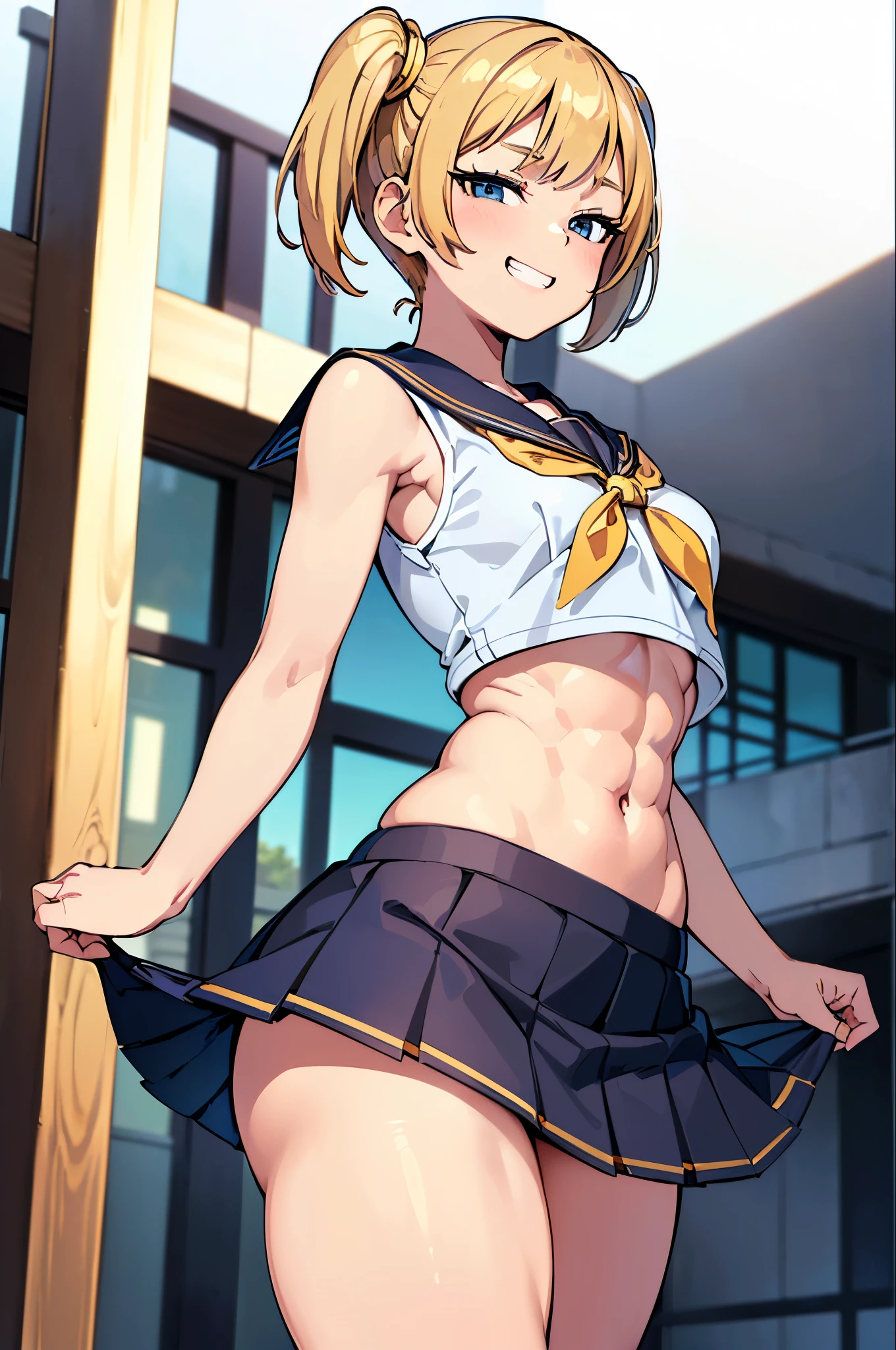 masterpiece, best quality, very detailed body, ultra detailed, very detailed face, (((anime))), ((flat shading)), ((1woman)), (front view), (((school uniform, sailor uniform, croptop, short skirt))), ((grin:1.05)), (golden short hair, twintail), (six pack abs:1.12), ((medium breast)), ((thick thighs)), standing in the plaza, outdoor