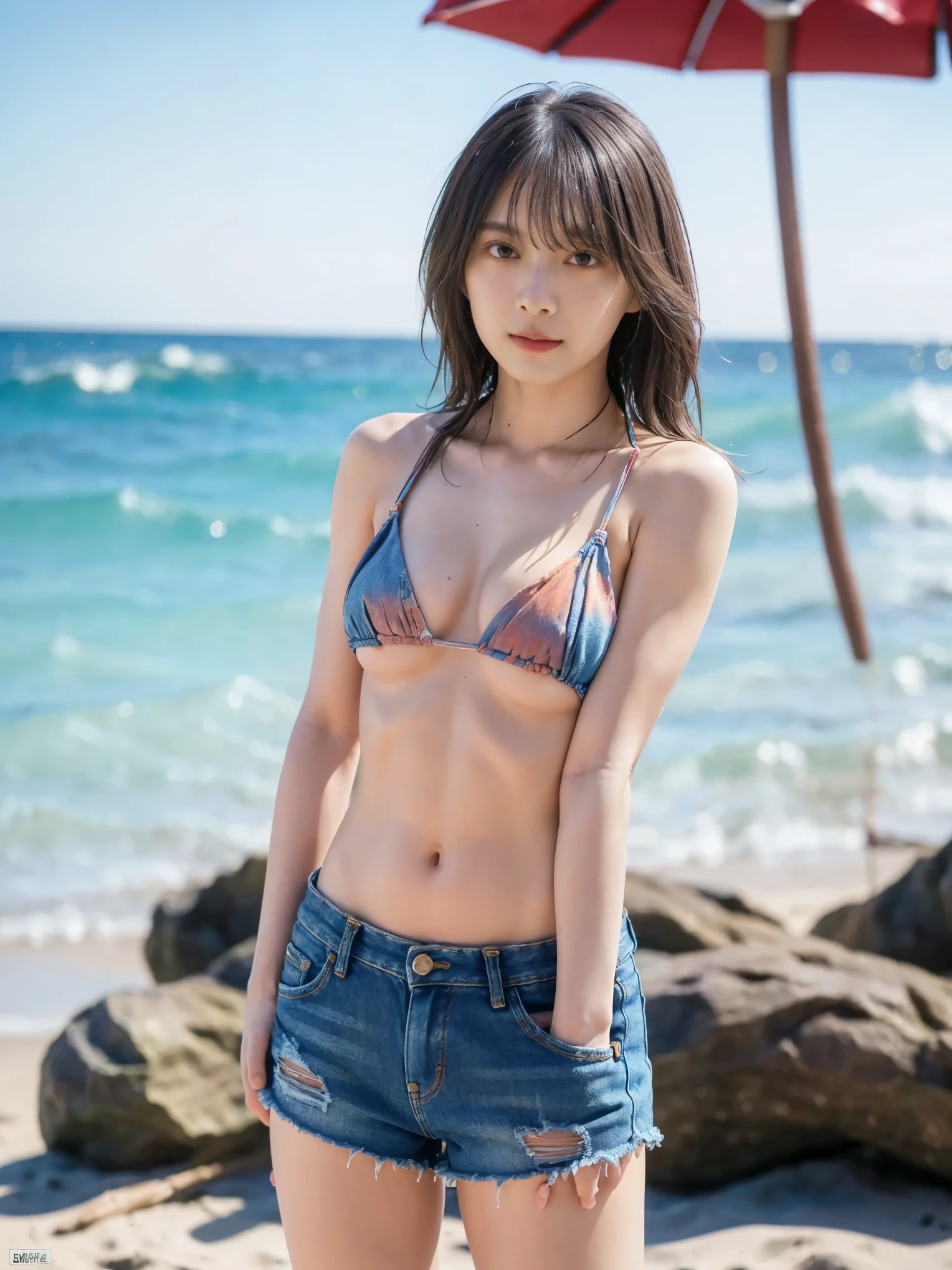 Best Quality、8k、masterpiece、 ultra high resolution、( photorealistic:1.4)、Original photo、 1 girl、 dark brown hairでミディアムヘア、Healthy tanned skin、Beautiful woman、 1 girl、、Slim Abs:1.1、 dark brown hair、(Standing on the beach、 with hands on hips:1.2:1.2)、((upper body multicolor bikini top、 damaged denim shorts 、beach、Navel exposed、whole body、 standing、Beautiful breasts、Nipples))、 very detailed face 、 Highly Detailed Lips、Detailed eyes、double eyelid、Marine sports、surfing、