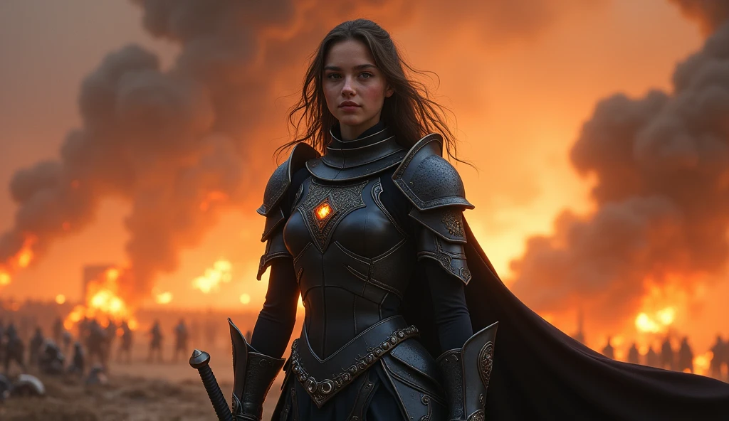 Highest quality,Beautiful woman,1 person,(Black Hair,Blue Eyes),war,Warrior,knight,Engulfed in flames,Lots of demons