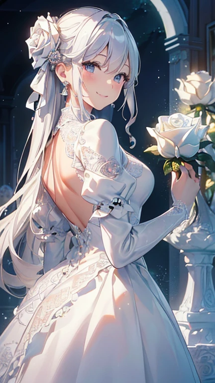 (Paradise in Heaven), White lighting,(muste piece), (best quality), (cinematic), 8K, (art station),(長いwhite hairとSilvery eyesを持つ1人の女), (beautiful delicate face)、[Frozen trees々], [landscape crystal], [lighting], [Ethereal Atmosphere:1.1], [fantasy, short story] ,[soft なlighting] 、(+cinematic shot:1.2)、 [+art station] 、[+luminous white background] 、 [soft glow] 、(Creative and dynamic angles:1.3), [+Crystal Toning] 、muste piece, very detailed, Super detailed, solo, (pale skin), Silvery eyes, white hair, (snow background), (snowflake rosen flower:1.0), (shining crystal), (Snowy ground), (White lashes), sexy woman、dreamy and detailed, Gorgeous setting, 妖しい雰囲気 muste piece, The most beautiful scenes, majestic、(((full of white flowers)))、quiet and serene atmosphere、attractive, all white tones,Inside the crystal library,Transparent flowers and falling snow，Many white roses are planted,(water flowing,waterfall,water bloom),The decoration is also carefully done.,dream（very detailedです，creative design，crisp and precise lines，K HD，best quality，master piece，超High resolution，In 4K）、Diverse poses、((beautiful white flower hair ornament))、beautiful hairstyle、(best quality, In 4K, 8K, High resolution, muste piece:1.2), Super detailed, detailed expression, graceful posture, expressive brush strokes, mysterious atmosphere, artistic interpretation,Delicate floral jewelry， (((Detailed design、Beautiful transparent dress made of thin fabric、Sheer mini dress that shows off your skin)))、(SFW:1.5), (oversized breasts, best body proportions, proportions of large breasts,:1.5)