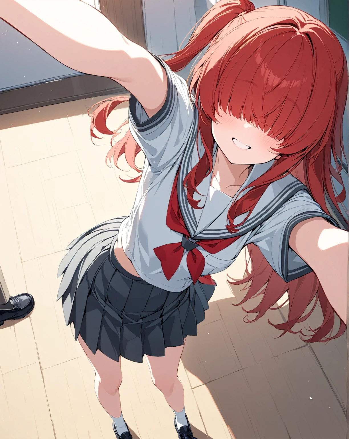 1girl,(mekakure,hair over eyes),Ikuyo Kita,long hair, one side up, red hair,small breasts,smiling,black shoes,black skirt,grey sailor color pleated skirt,sailor color uniform shoes,short sleeves,shuka high school uniform,school,selfie,peace sign,top quality,high res,unity 8k wallpaper,(illustration: 0.8),highly detailed face,perfect lighting,full body,back focus,perfect lighting