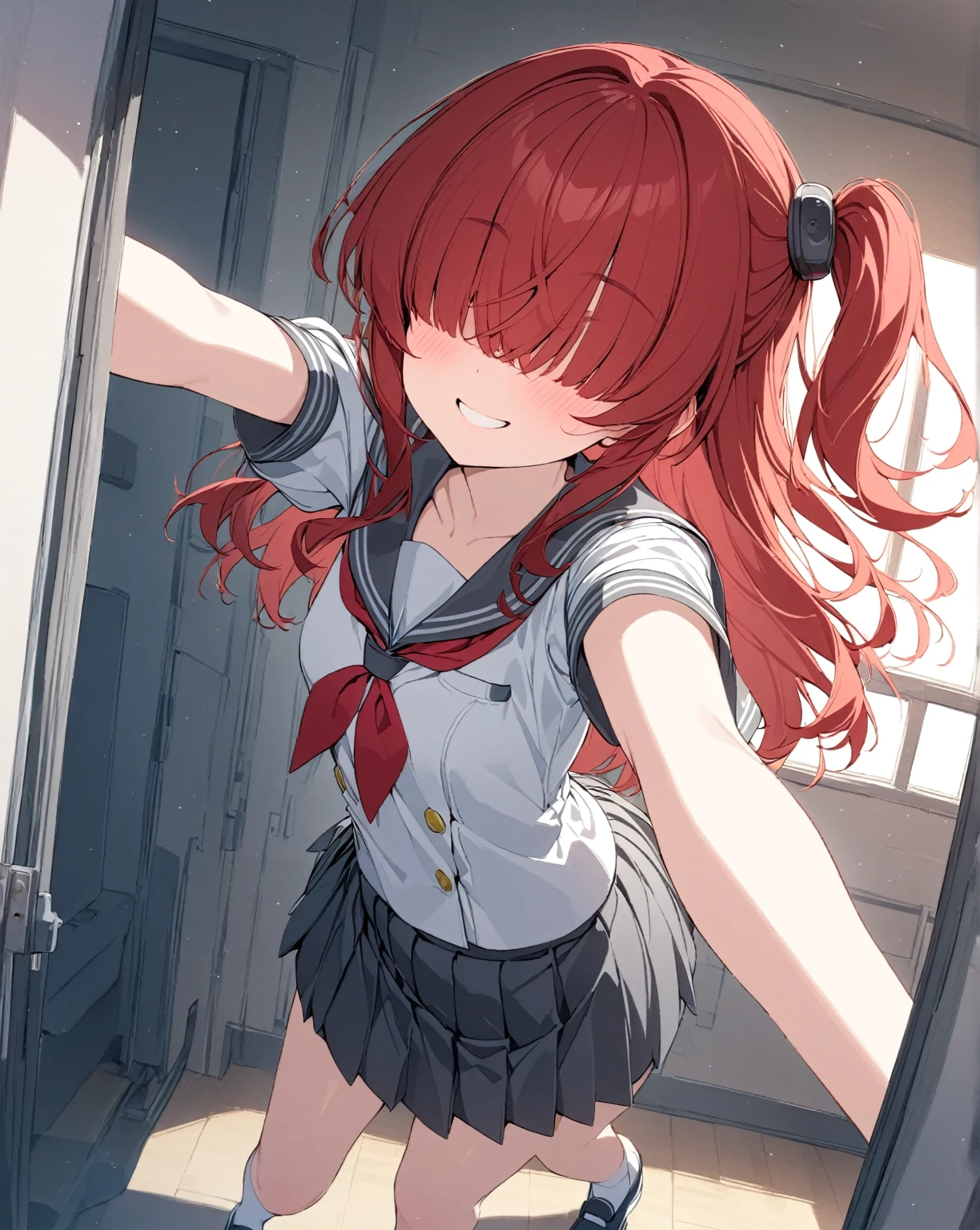 1girl,(mekakure,hair over eyes),Ikuyo Kita,long hair, one side up, red hair,small breasts,smiling,black shoes,black skirt,grey sailor color pleated skirt,sailor color uniform shoes,short sleeves,shuka high school uniform,school,selfie,peace sign,top quality,high res,unity 8k wallpaper,(illustration: 0.8),highly detailed face,perfect lighting,full body,back focus,perfect lighting